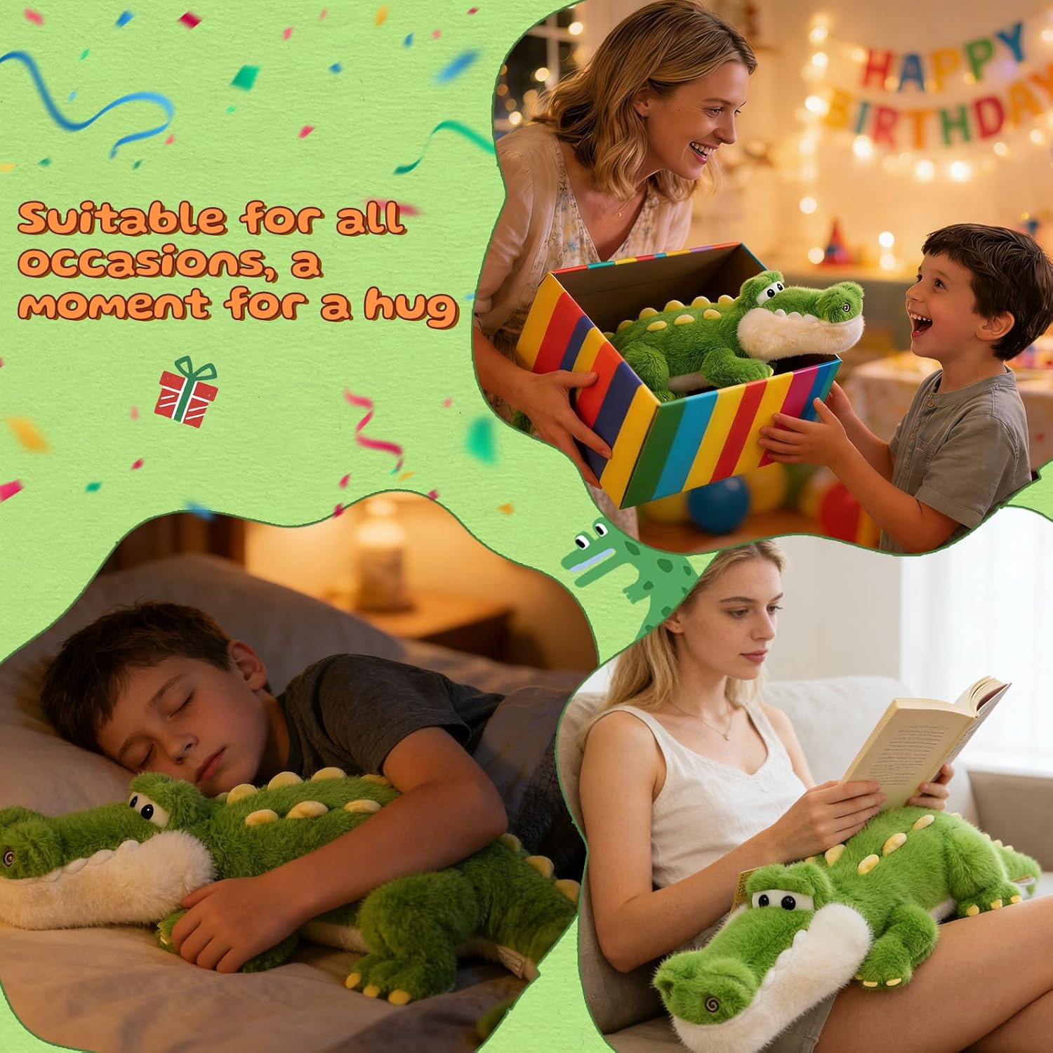 Alligator Stuffed Animal Plush Toy, Lying Flat Crocodile Hugging Pillow, Soft Long Plush for Kids & Adults, Cute Green Alligator Plush for Bed, Sofa, Gift 35.4in