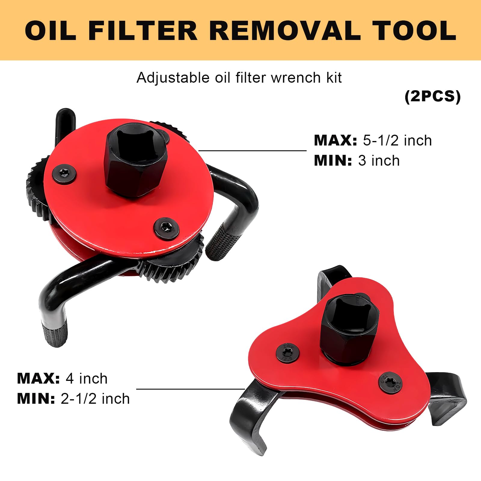 DXNQ 2-Piece Universal Oil Filter Wrench Set, 2-1/2'' to 4'' & 3'' to 5-1/2'' Adjustable 3-Jaw Oil Filter Removal Tool, Fits 1/2'' & 3/8'' Drive, Car Accessories