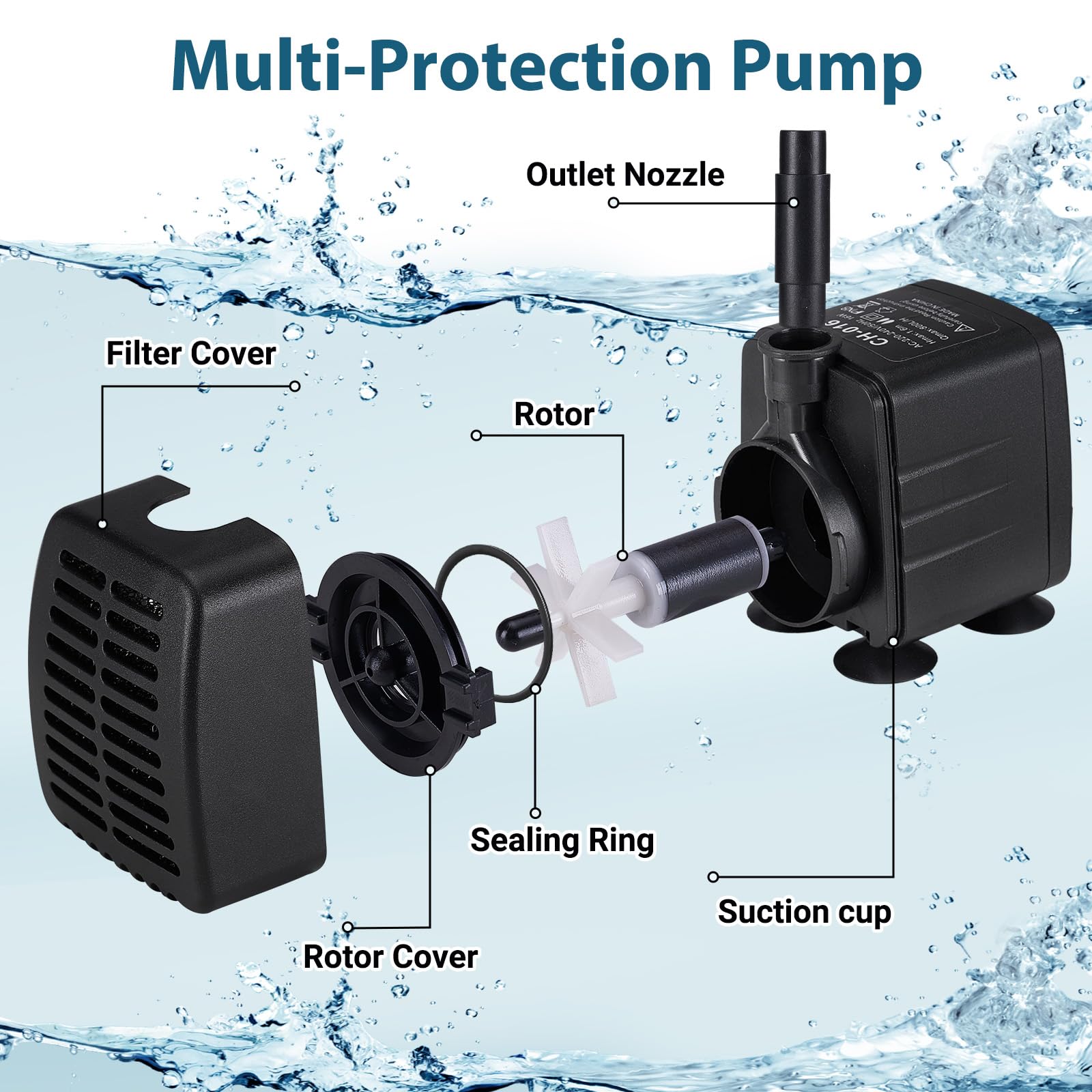 Springbrunnenpumpe Aussen mit LED, 800L/h 16W Wasserspielpumpe Wasserpumpe Fontäne für außen Teichpumpe 3 Düsenim, Teich Springbrunnen für Gartenteich, Wasserfall