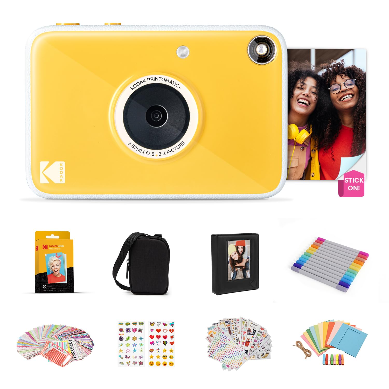 KODAK Printomatic+ Cámara Digital Instantánea 10MP Pack Regalo con Funda, Papel Zink 2x3” 20 Hojas, Álbum, Pegatinas y Rotuladores – Amarillo