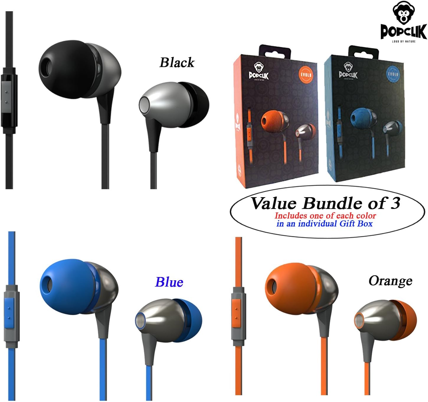 Multi Value Pack 3 Popclik Evolo Earphones with Microphone & Control in Ear Remarkable Stability Earphones, Value Bundle in Blue, Black and Orange