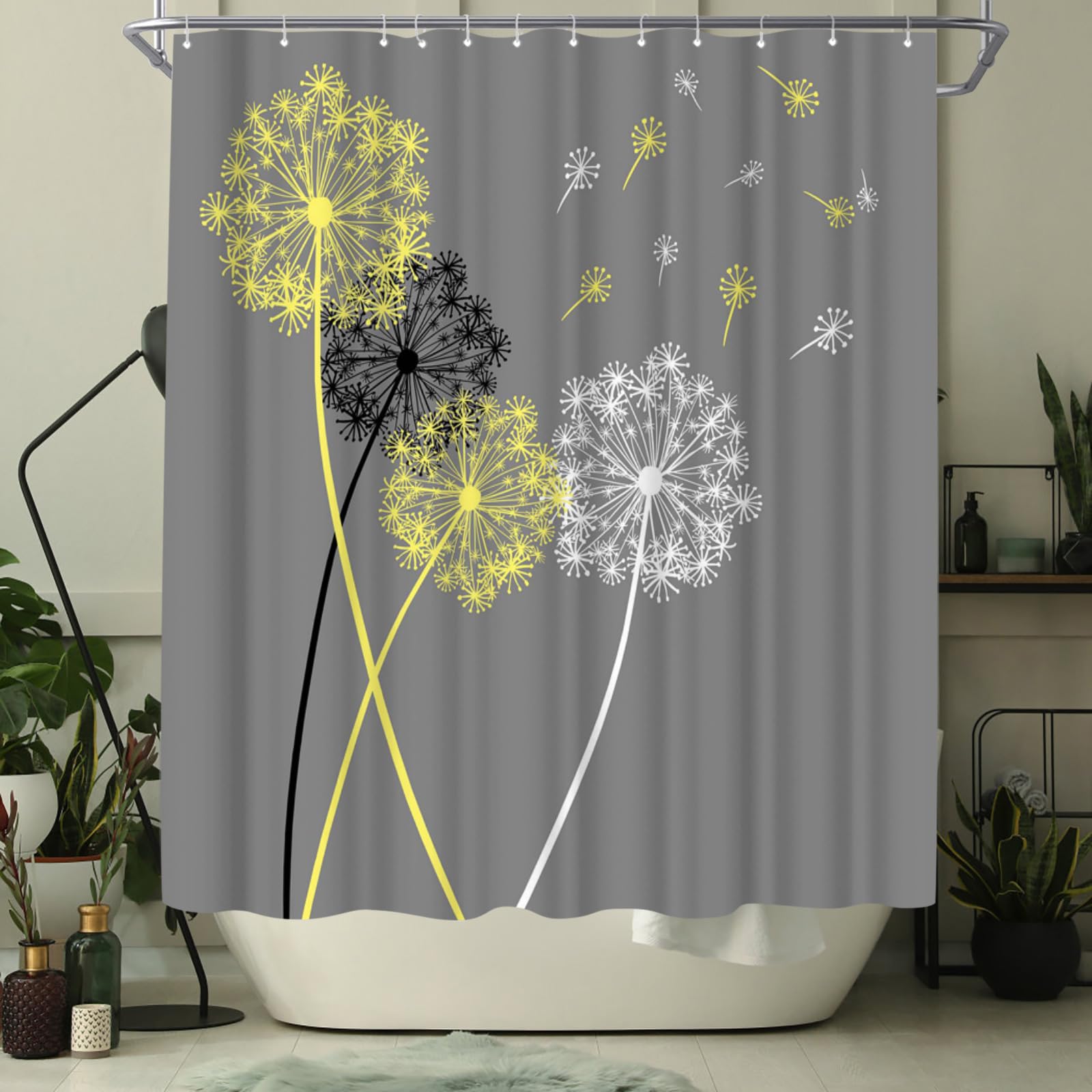 WELMECO Cortina de ducha de diente de león amarillo y gris, decoración de baño, tela de poliéster, 72 x 72 pulgadas