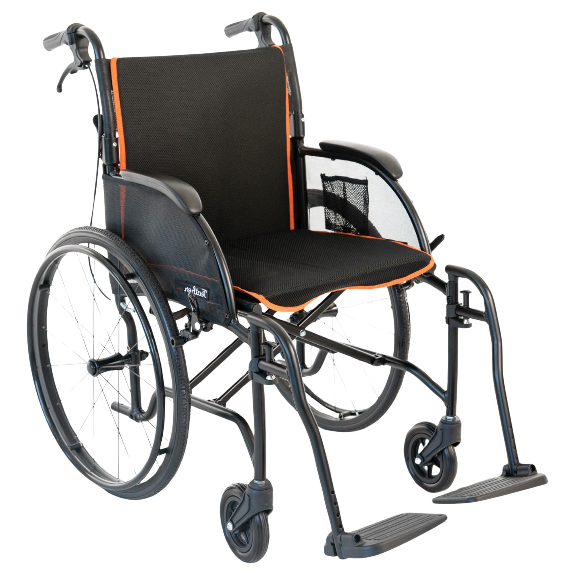 FeatherMobility - 13.5lb Frame - Black Cushion Black Frame Lightweight Folding Wheelchair - with Swingaway Legrests, Anti-tippers, and Quick Release Wheels