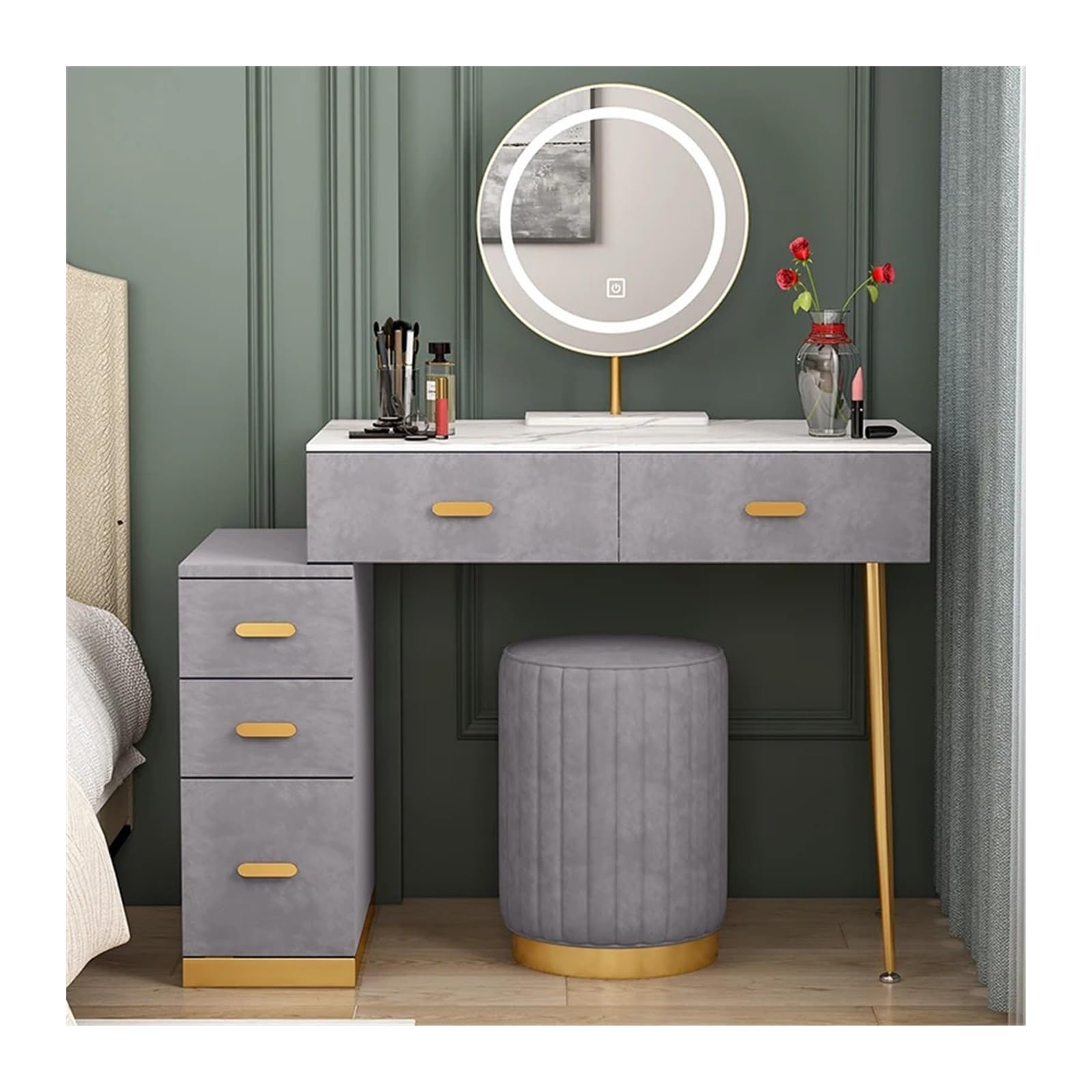 CGCSYZ Vanity Desk 39 Inch Vanity Desk Set with Lighted Mirror and Drawers, Bedroom Makeup Dressing Table with Cushioned Stool, Grey Velvet Finish Makeup Vanity Makeup Dressing Table (Gris L80cm)