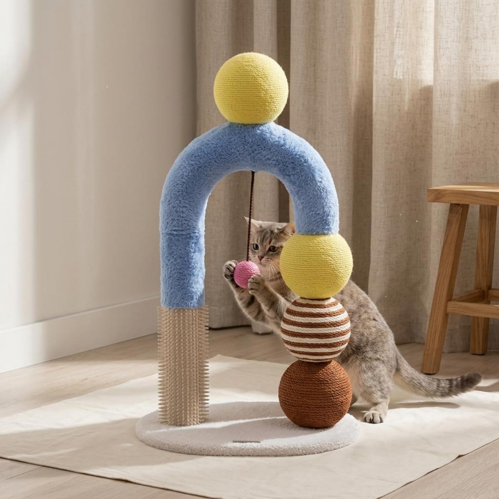Tiragraffi per Gatti Colonna Tiragraffi con Arco Base Ovale Compatta Post Rivestito in Sisal Giocattolo Appeso per Struttura Multistrato in Pannello E Tubo Cartone Adatto a Casa Salotto