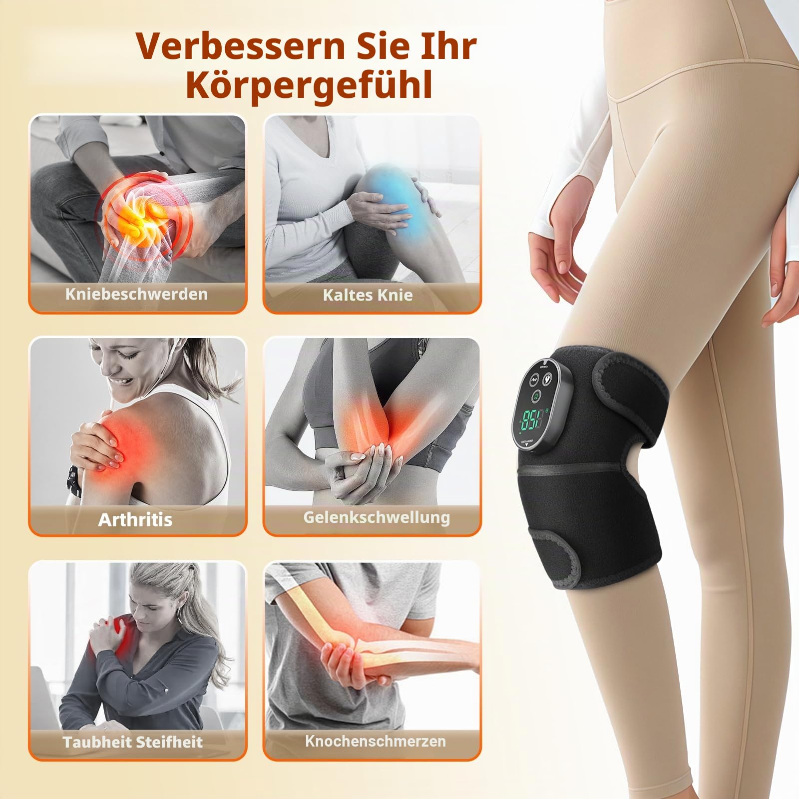 Knie Massagegerät Kabelloser mit 3 Vibration 6 Heizstufen 3 Timer Schwarz