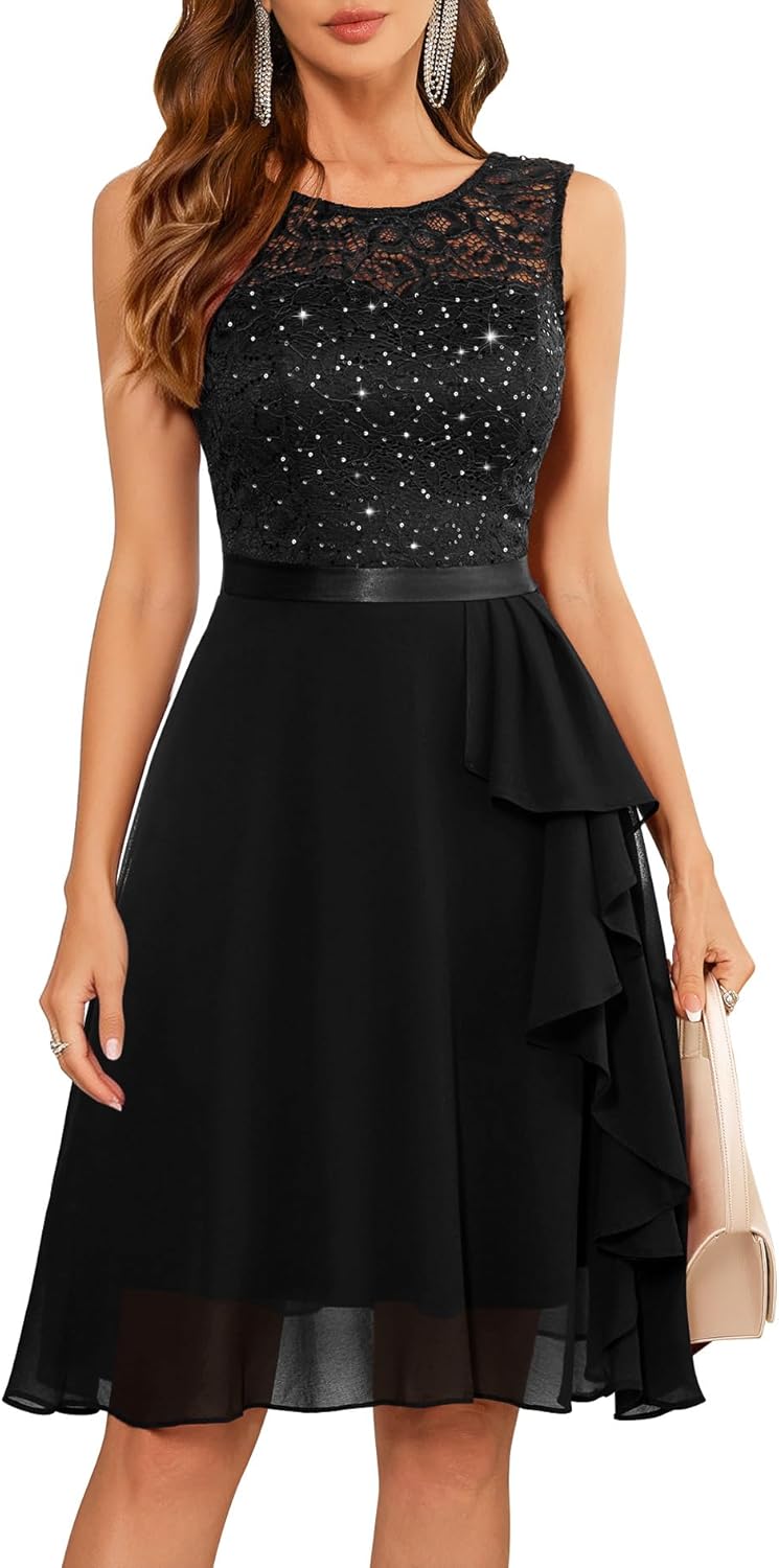 BeryLove Formal Cocktail Dresses Bridesmaid Wedding Guest Short Prom Dress Ruffle Hem Sleeveless Homecoming Lace Gowns