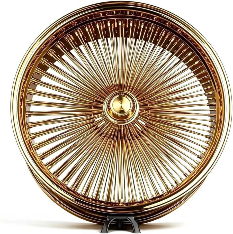 22 inch wire spoke wheels, gold plated rims, full gold plated wire wheels, vintage classic car rims, round knock off center cap, straight lace wire spoke rims (Set of 4 Wheels)