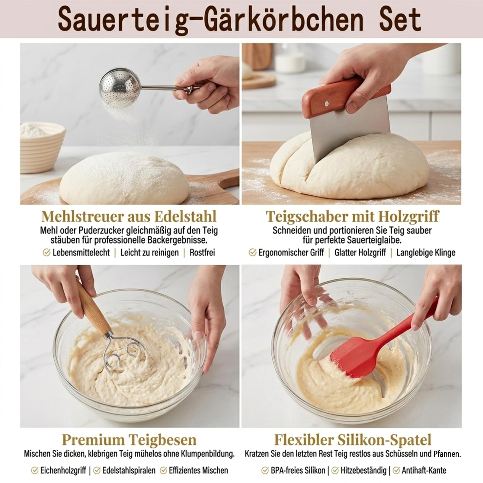 Sauerteig Starter Set, Brot backen Zubehör 24 teilig, Gärkorb Brot Rund 23cm und Oval 25cm, Brotkorb zum Backen, Brotgärkorb mit 650ml Glas, Silikon für Anfänger und Profi Bäcker, BPA frei