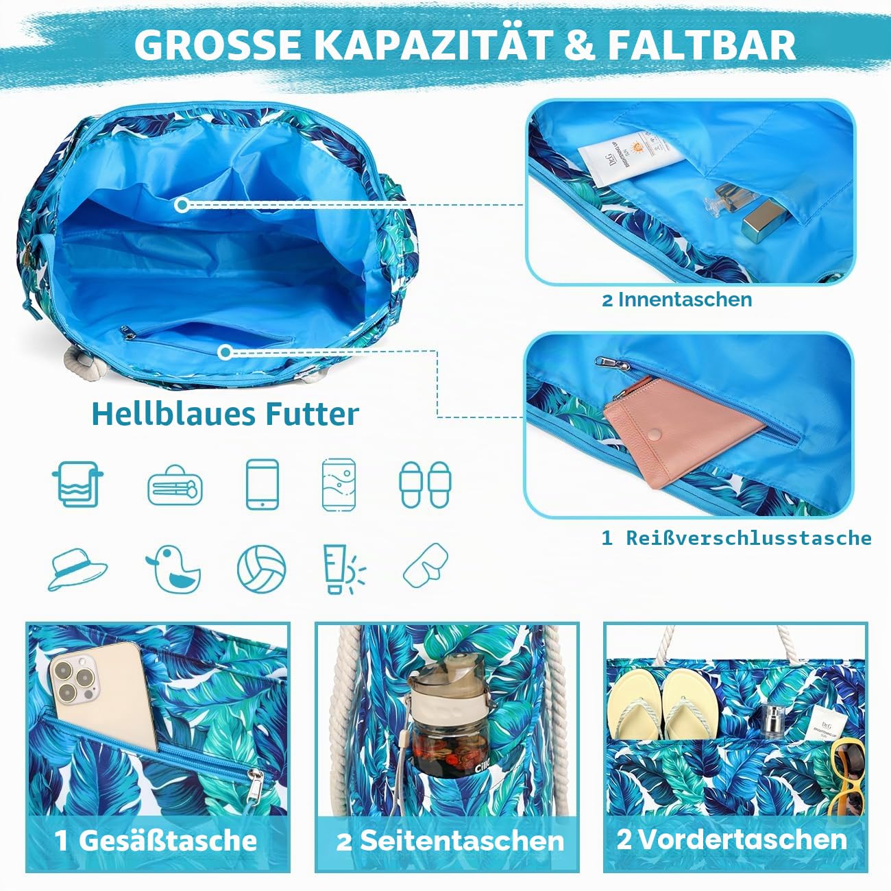 RAVUO Strandtasche Damen, Badetasche XXL Familie Extra Groß Wasserdicht Sanddicht Strandtasche mit Reißverschluss Beach Tote Bag