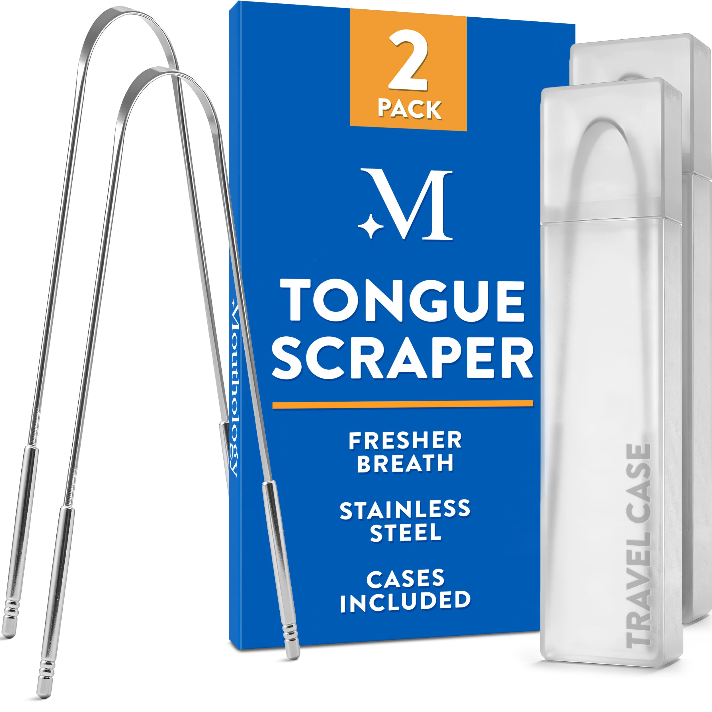 Mouthology Tongue Scraper (2 Pack), Reduce Bad Breath (Travel Cases Included), Stainless Steel Tongue Cleaners, Metal Tongue Scraper, Tongue Scraper for Adults - Fresher Breath in Seconds