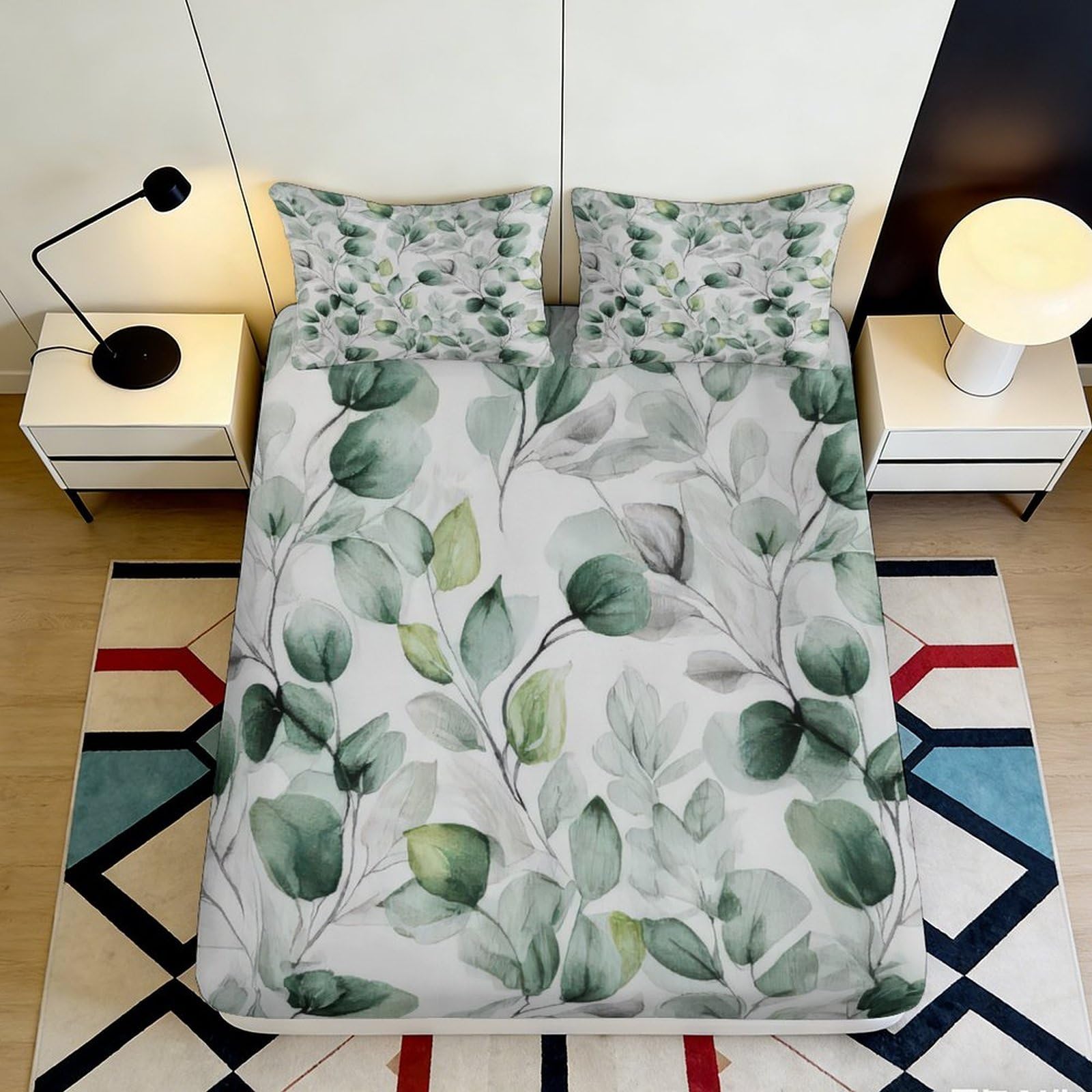 3D Printed Green Leaves Fitted Sheet Microfiber Soft Breathable Botanical Bed Cover for Bedroom Dormitory Guest Room Mattress Protection Decor 140x200x25cm