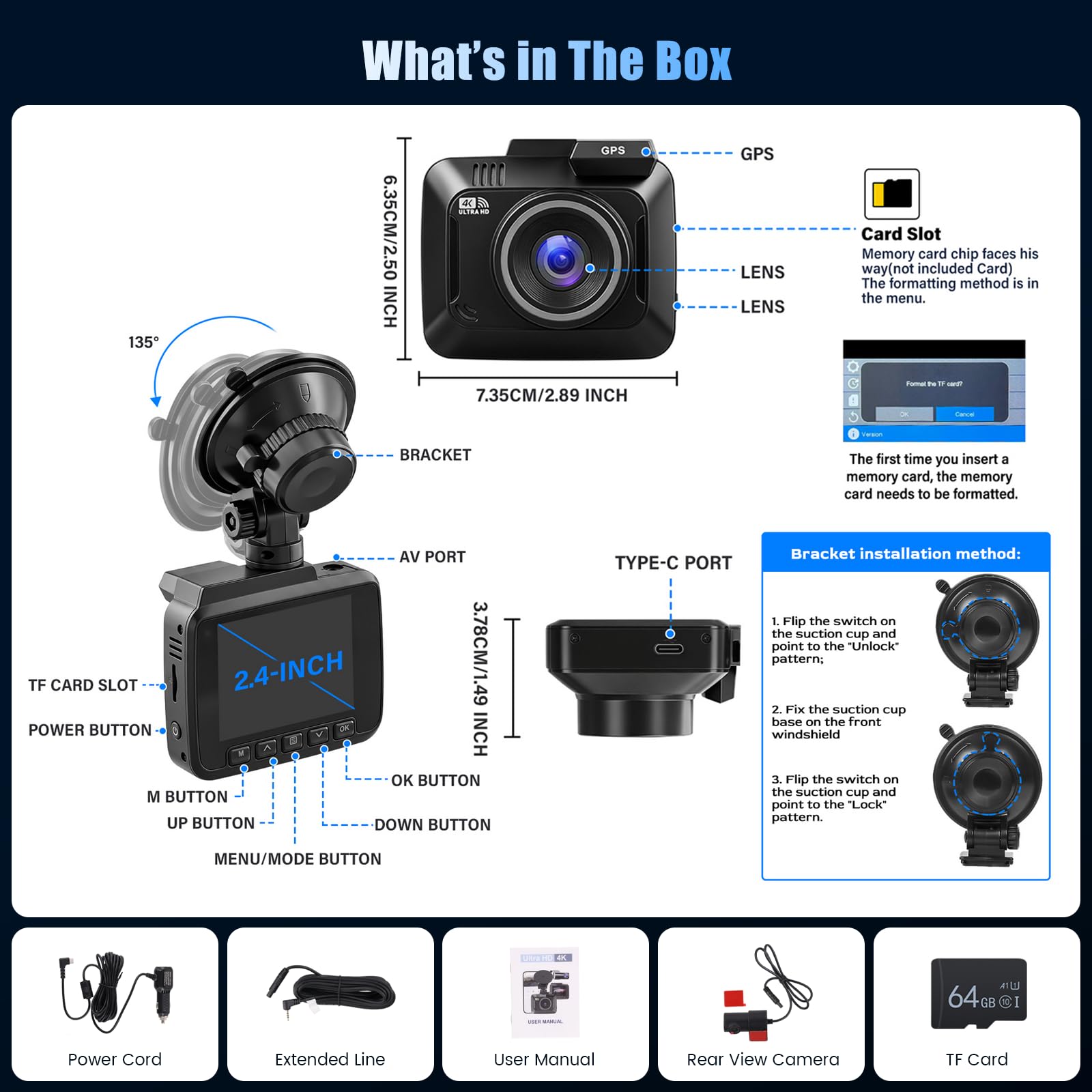Inefala 4K Dual Dashcam mit GPS WiFi & APP 64 GB-Karte 2,4 Zoll IPS