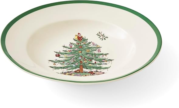 Spode Christmas Tree 9 Soup Plate (Set of 4) Stoneware Bowls with Festive Tree Design & Green Rim, Ideal for Serving Soup, Pasta, Salad Microwave & Dishwasher Safe Holiday Dinnerware