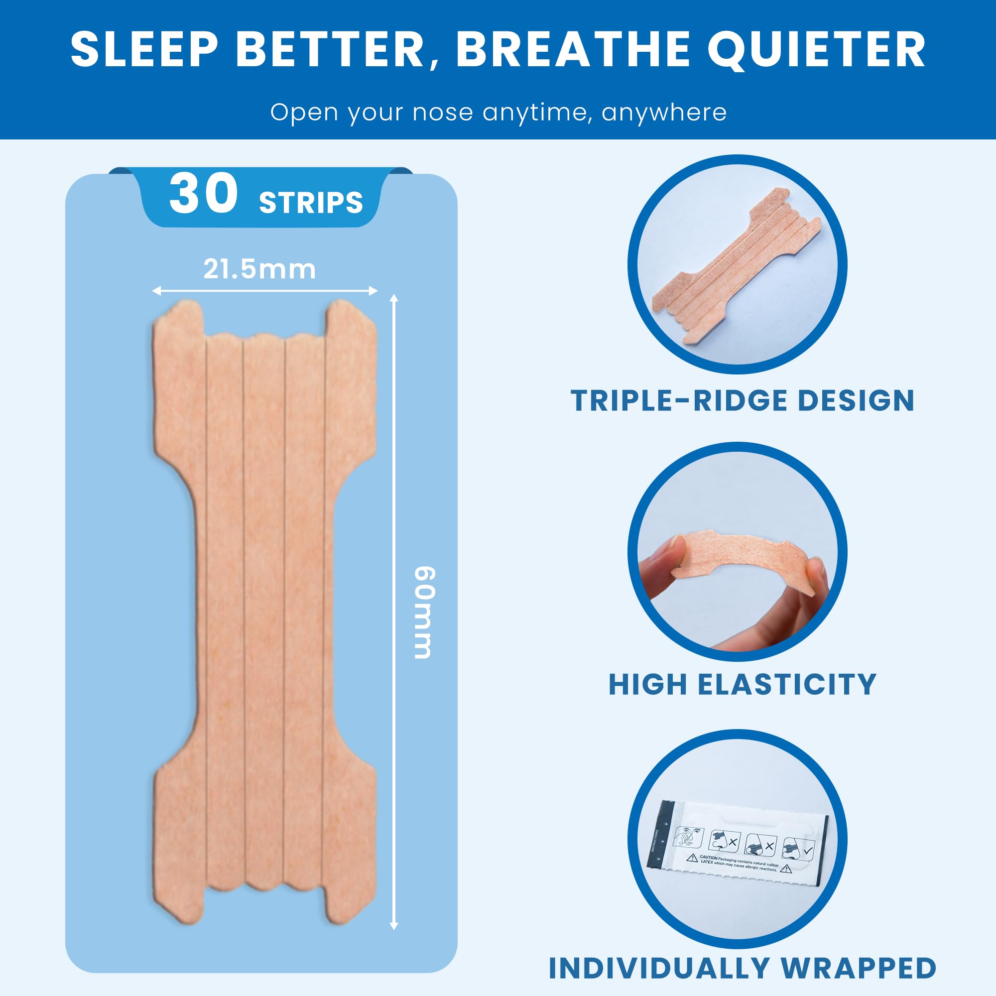 30 Cerotti Nasali Anti-Russamento, Design Triple Cresta con Adesivo di Qualità Professionale, Cerotti Pelle Traspiranti per Sonno Migliore, Sport & Congestione Nasale (Color carne)