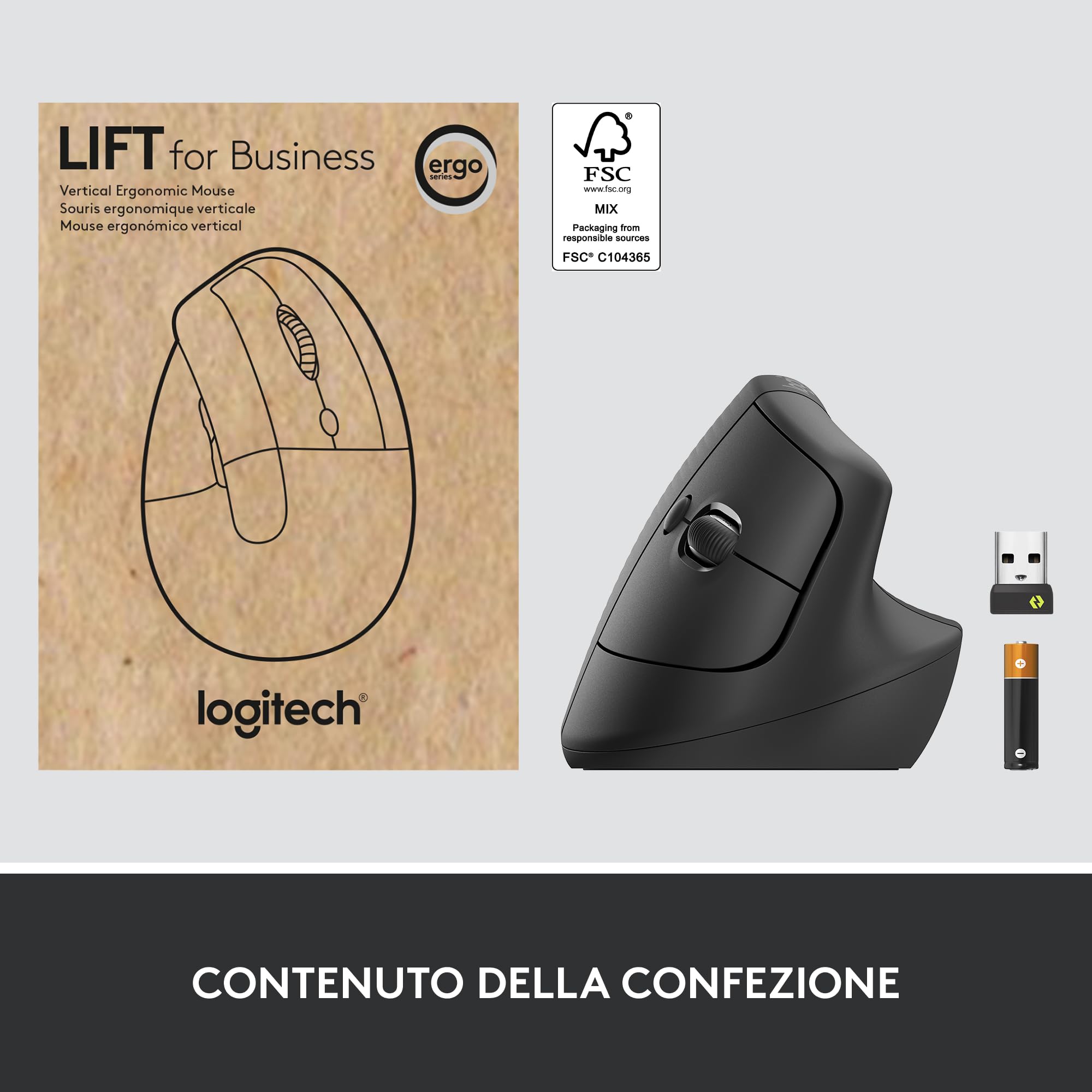 Logitech Lift For Business, Mouse Verticale Ergonomico, Wireless, Bluetooth, USB Secured Logi Bolt, Clic Silenziosi, Certificazione Globale, Windows/Mac/Chrome/Linux - Graphite