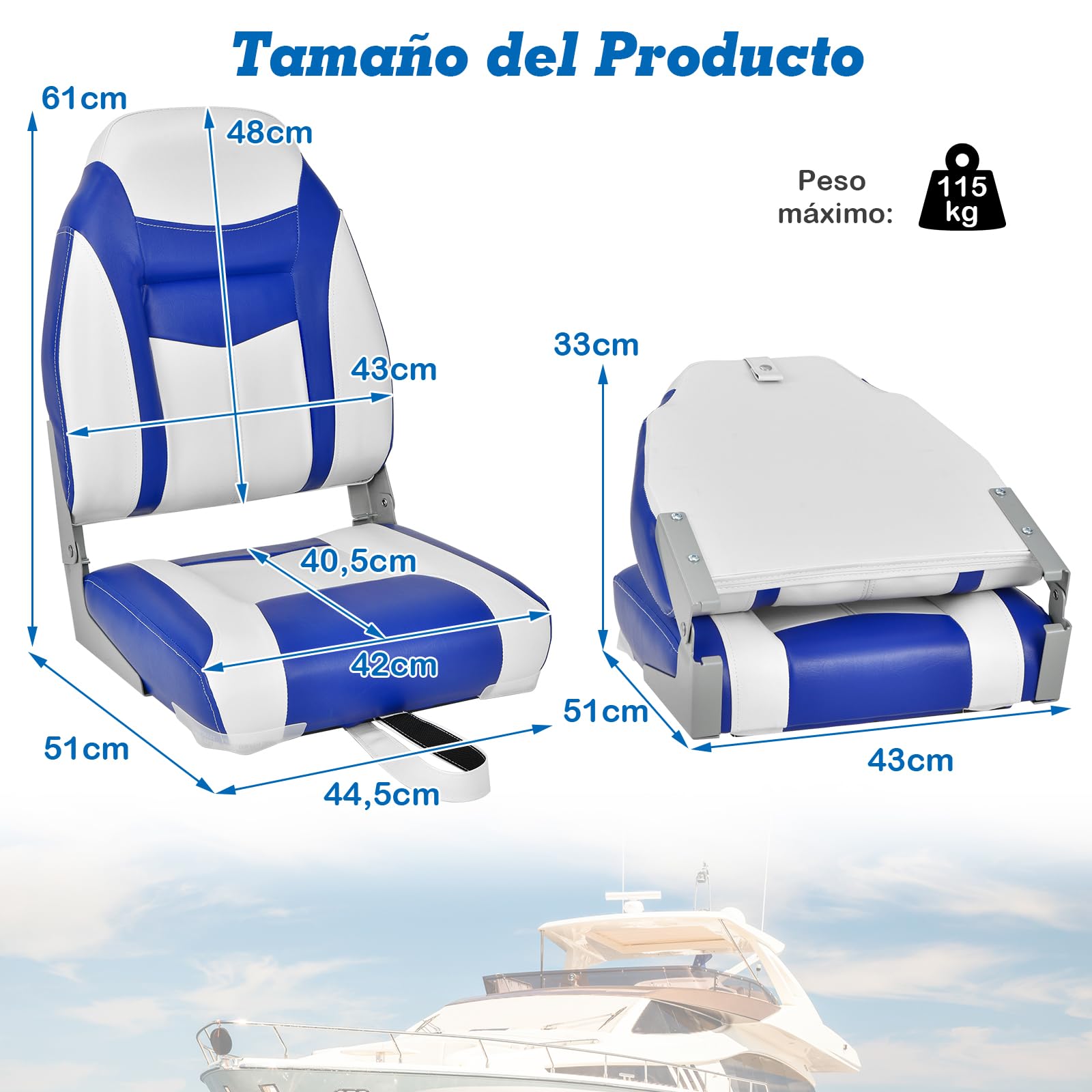 COSTWAY Asiento de Barco Plegable con Respaldo Alto, Asientos Barco con Cojín Acolchado Suave, Asiento de Capitán Plegable, 42 x 50 x 51 cm (azul, 1)