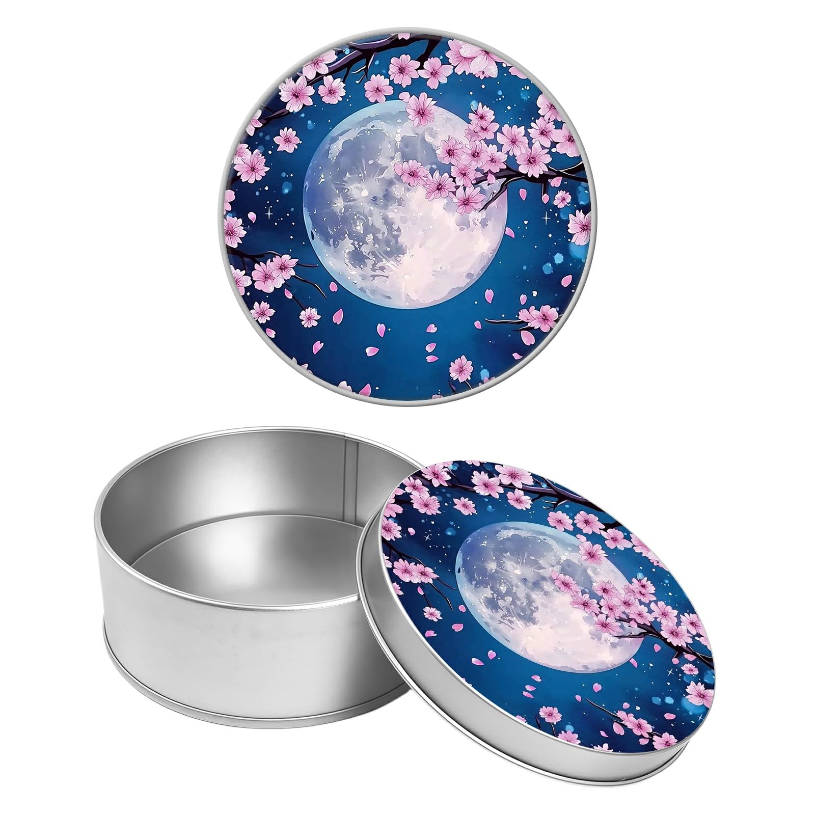 Round Metal Tin Container with Removable Lid, Full Moon Cherry Durable Metal Storage Box for Crafts Snacks Candies Office Supplies Small Items 3.54 x 1.38 inch– Single Pack