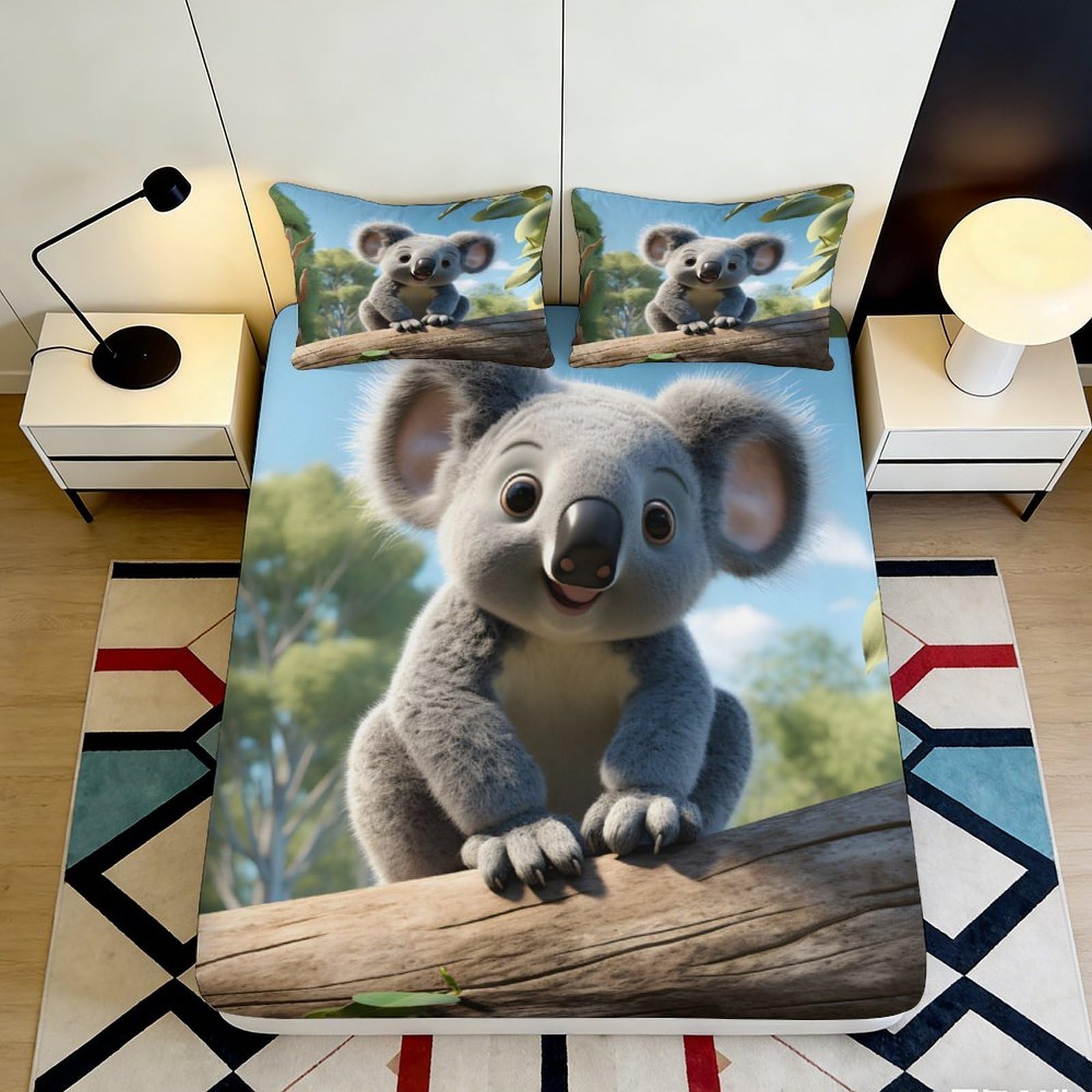 3D Printed Koala Forest Fitted Sheet Microfiber Soft Anti-Slip Mattress Cover Bedroom Decor Dustproof Easy Care 90x200x25cm