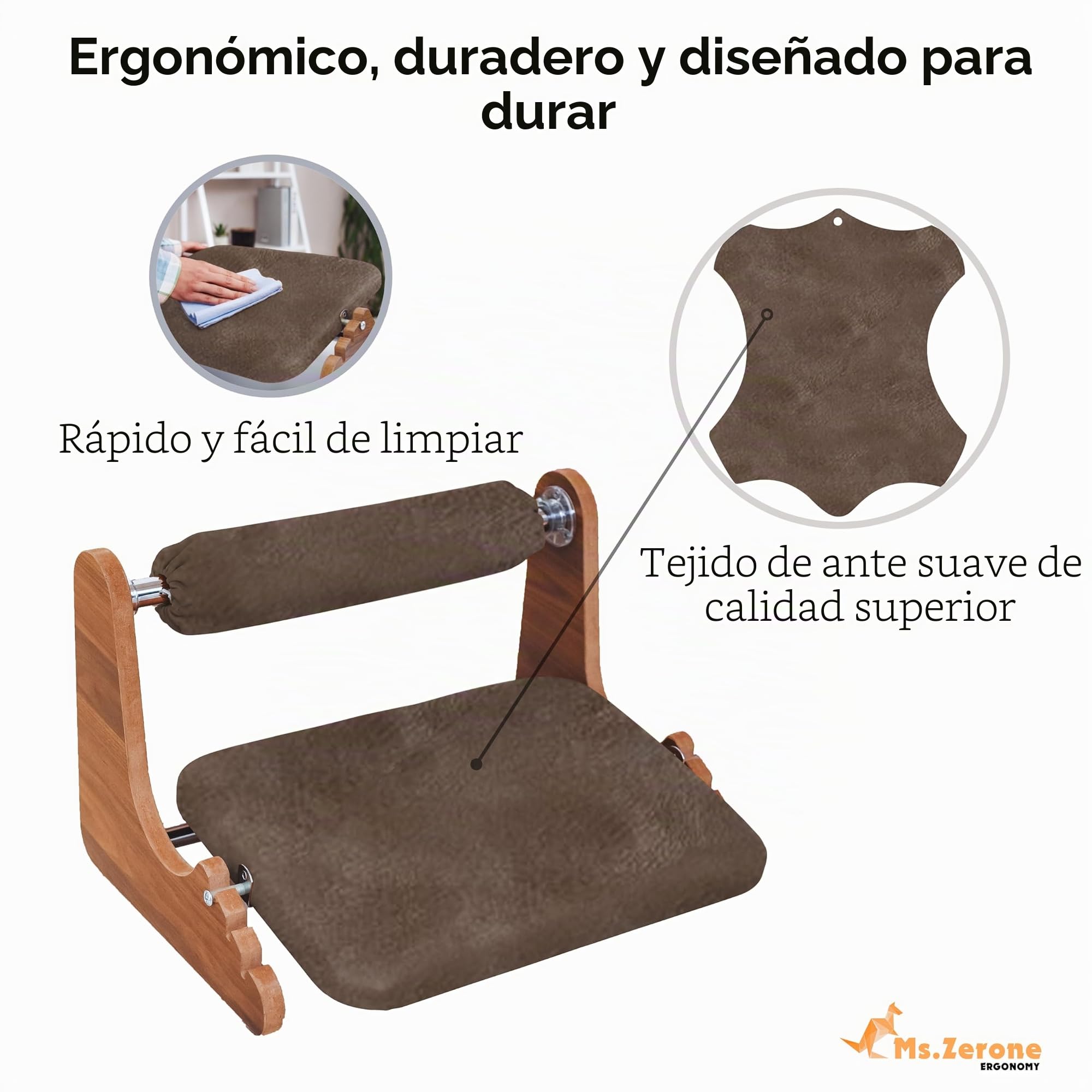 Reposapiés ergonómico de madera, 3 alturas ajustables (6/8/10 cm) - Soporte de tobillo de gamuza suave - Base basculante antideslizante - Comodidad para teletrabajo y oficina