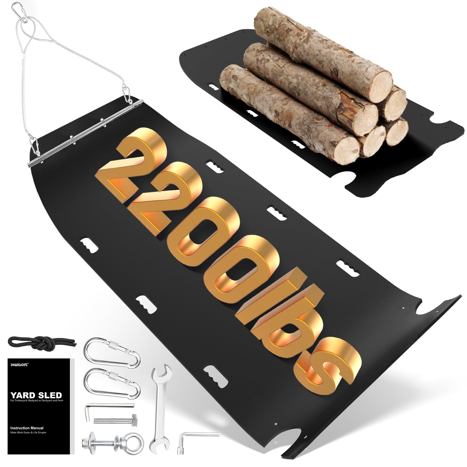 SWANSOFT 50'' x 114'' Extra-Large Yard Drag Sled with Pull Cables, Heavy Duty Yard Sled 1/8 HDPE Thickened Drag Mat for Debris, Leaves, Construction