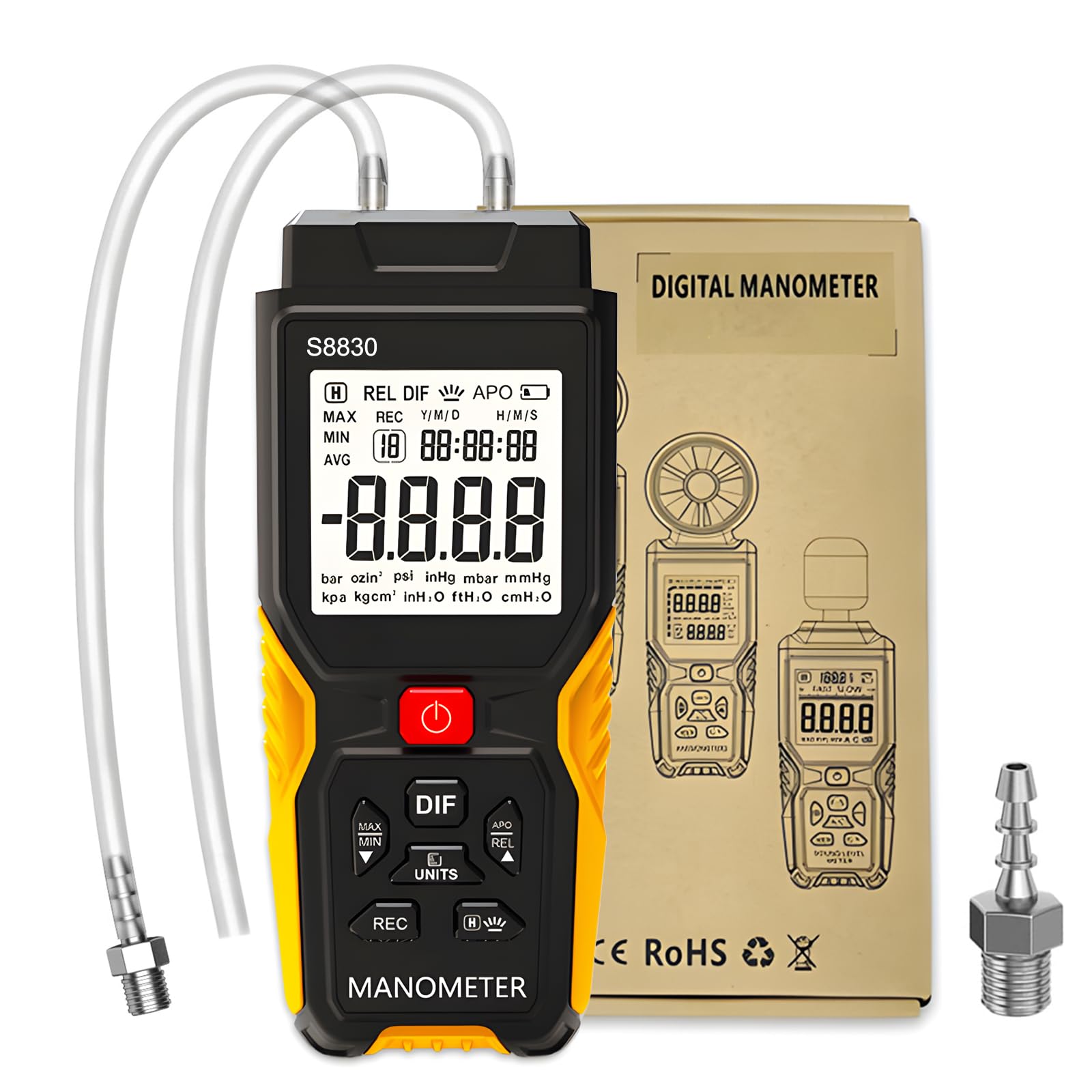 H HOLAPEAK Manómetro digital, ± 36,80 kPa, manómetro de gas HVAC para medir la presión diferencial de sobrepresión presión negativa, manómetro diferencial, 12 unidades seleccionables y 99 memorias de
