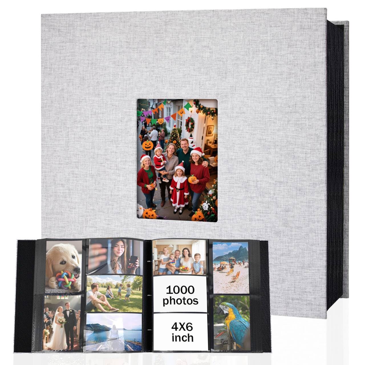 Wielki Album Fotograficzny 10x15 cm (4x6) - 1000 Kieszonek, Okładka z Lnu, Okienko na Przedzie, Album Rodzinny na Pamiątki, Śluby i Wakacje (Szary)