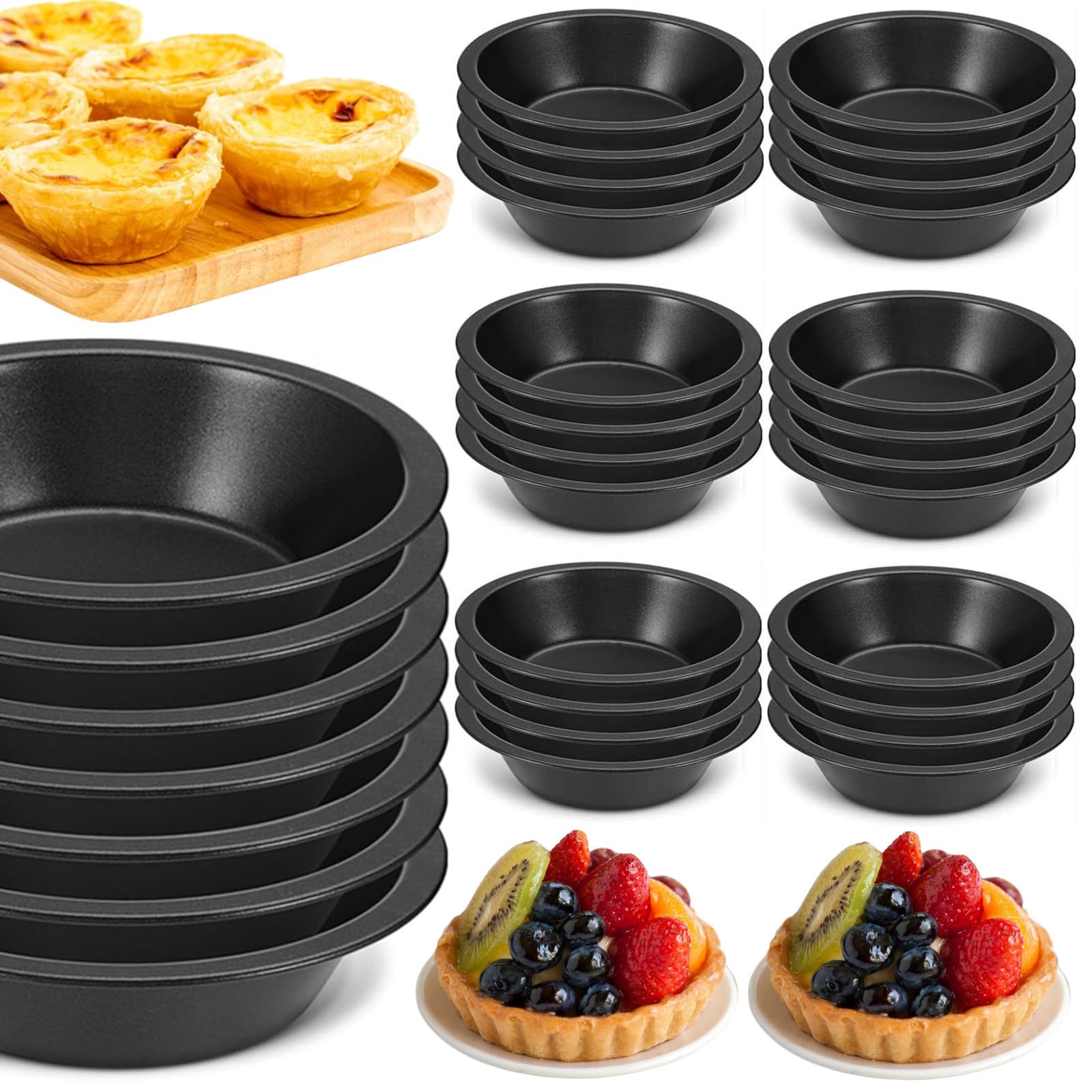 RHBLME 20 PACK Mini Pie Pans, 4 Inch Reusable Small Pie Pans Nonstick Small Pie Tins, Carbon Steel Pie Pans for Baking, Round Bread and Meat Pie Tins for Cake Bread Meat Dessert, Black