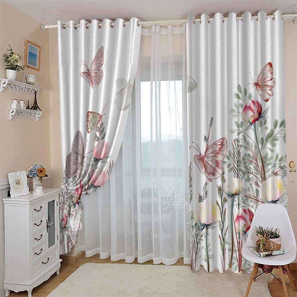 MAYNUO Rideaux Thermiques Isolants Anti Froid, Rideaux Fleur Rose Papillon Moderne 3D Imprimé Motif 200x160 Cm Rideau Occultants À Oeillets pour Chambre, Rideau Salon, Maison Chambre Fenetre