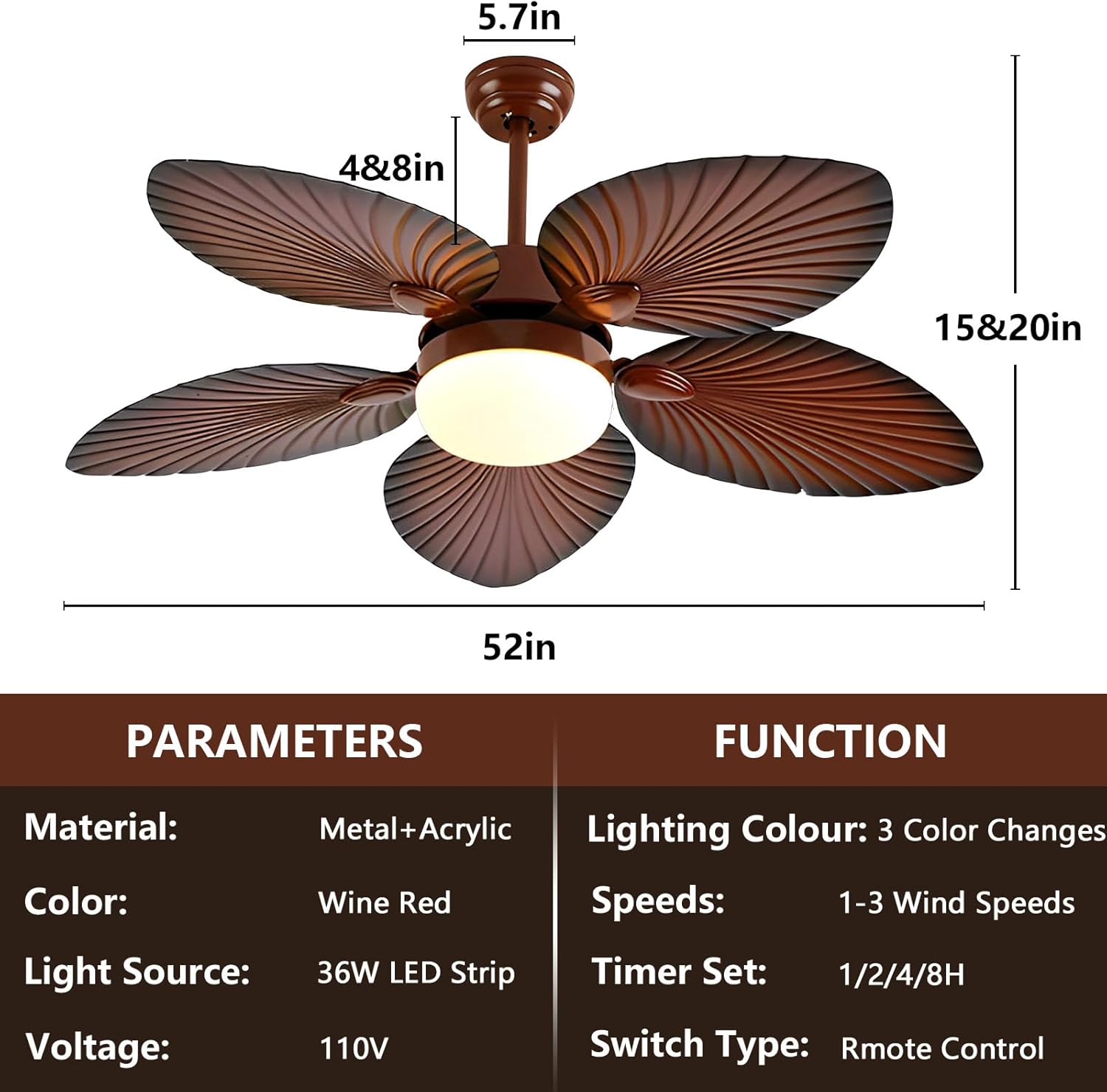 52 Inch Tropical Ceiling Fans with Lights, LED Fan Light with Remote Control, Modern Brown Ceiling Fan with 3 Speed & 3 Lighting & Smart Timing, Palm Leaf Blades for Patio Farmhouse Coastal Bedroom