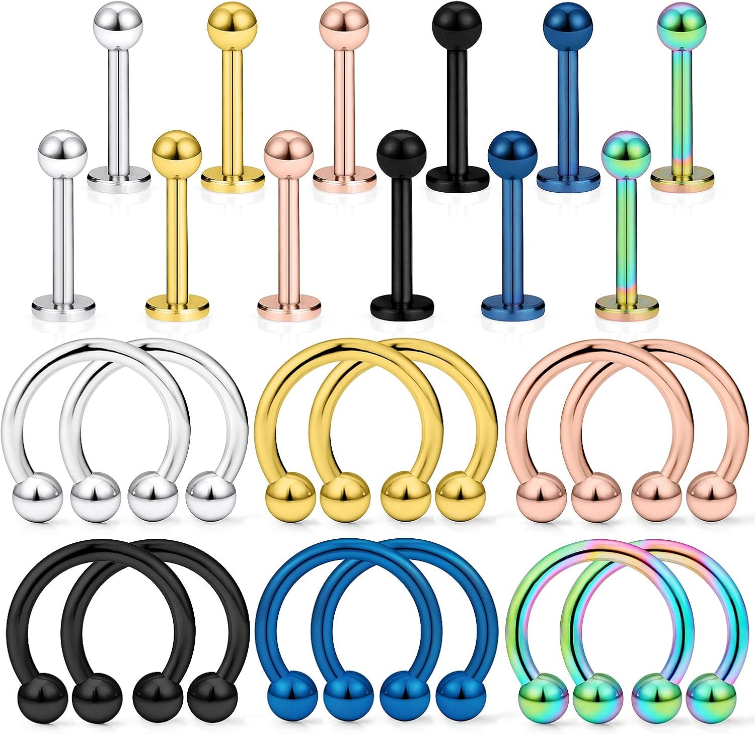 Kridzisw 24 piezas 14G acero quirúrgico herradura nariz aros septum pezón lengua ombligo anillo piercing joyería para mujeres hombres 0315in 0394in