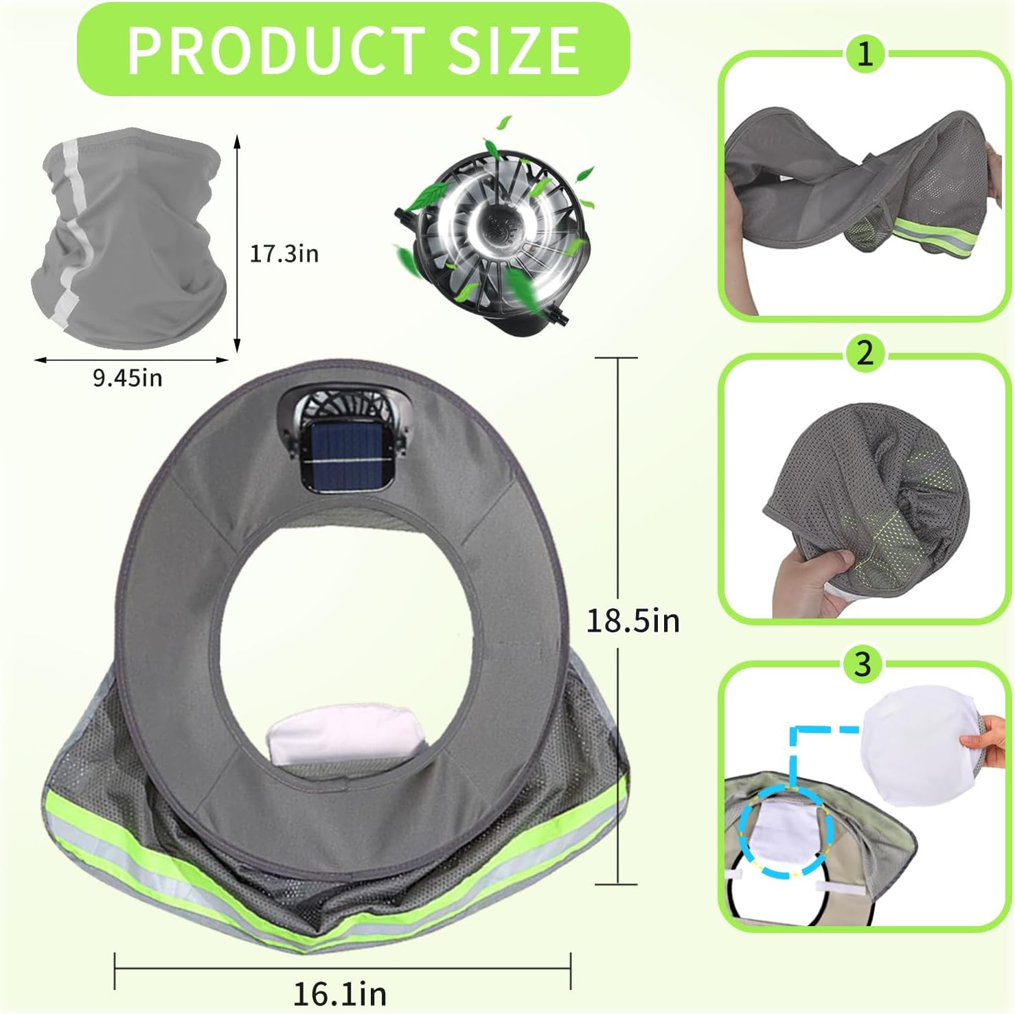 2 Set Solar Fan Hard Hat Sun Shade with Face Shield, Outdoor Fishing Hat Sun Visor for Men Women, Construction Accessories Full Brim Mesh Sunshade with Reflective Strip, Neon Yellow & Gray
