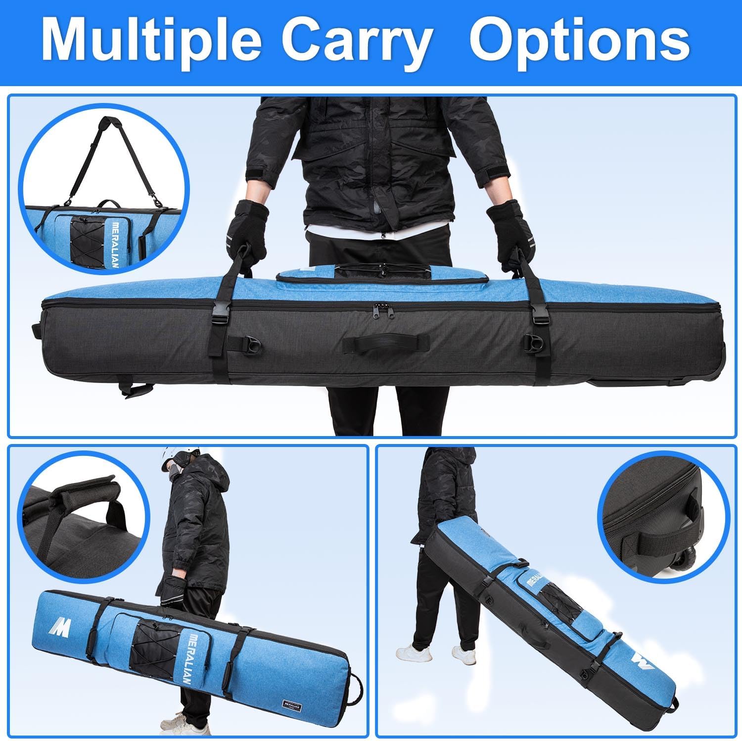 Snowboard Bag with Wheels, Padded Roller Snowboard Bag for Single Snowboard and Snowboard Boots,Available Length in 160cm and 170cm.