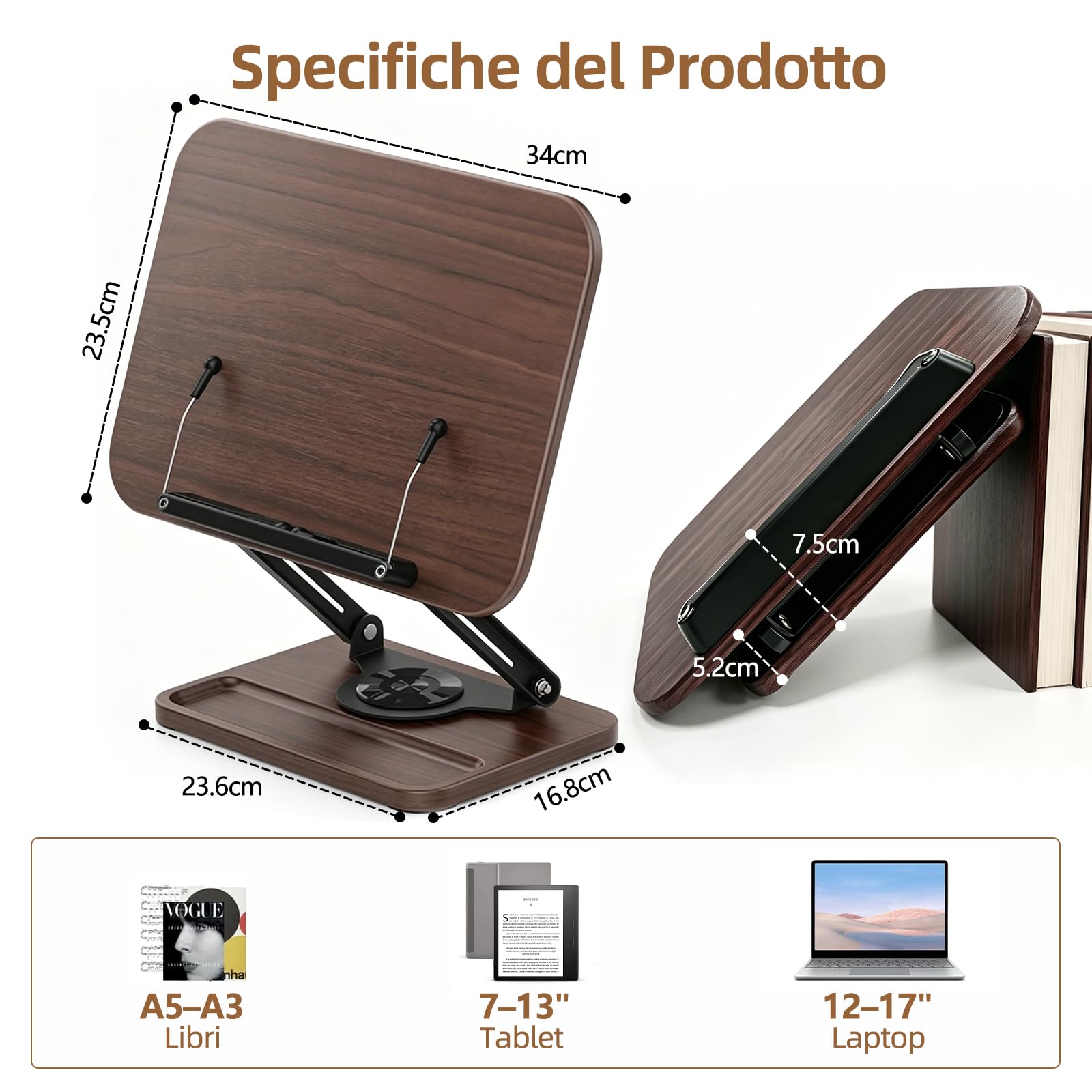 Leggio per lettura, supporto da lettura girevole a 360° e pieghevole, regolabile con clip laterale elastica a sfera e portapenne per libri, tablet, laptop (elegante legno)