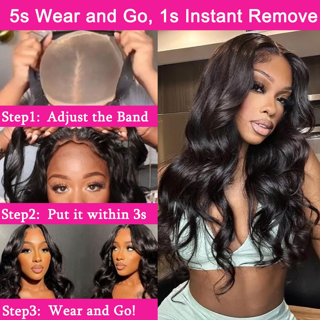 Wear and Go Glueless Wig 24 Inch Body Wave 4x4 Lace Closure Wigs Pre Cut Lace Front Wigs Human Hair Pre Plucked Human Hair Wigs for Women Beginners (Natural Black)