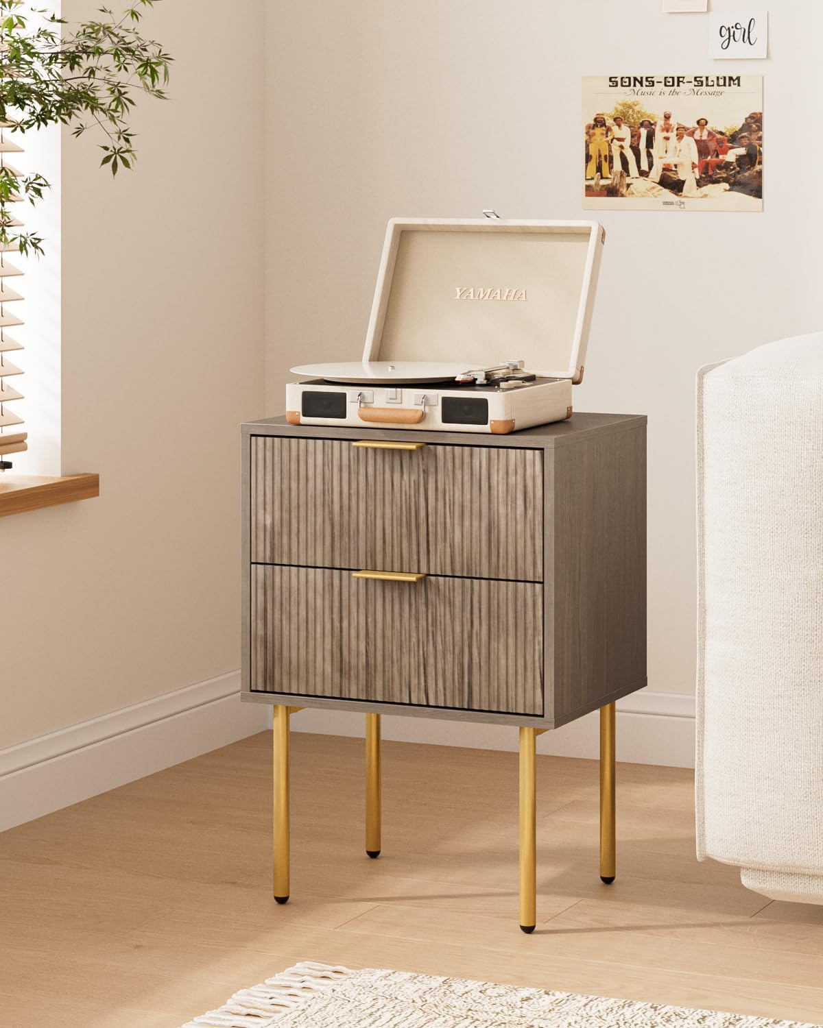 AEPOALUA Nightstand,Small Bedside Table with Gold Frame,Grey Night Stand,Bedside Furniture,Side Table with 2 Drawers for Bedroom,Living Room (2Drawers, Grey)