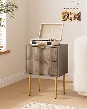 Nightstand,Small Bedside Table with Gold Frame,Grey Night Stand,Bedside Furniture,Side Table with 2 Drawers for Bedroom,Living Room 2Drawers, Grey