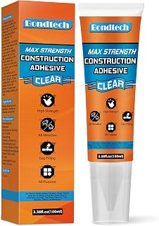 Bondtech Max Strength Clear Construction Adhesive - Tile Cement Glue for Wood, Stone, Walls, Floors & More, 3.38oz Easy Squeeze Tube