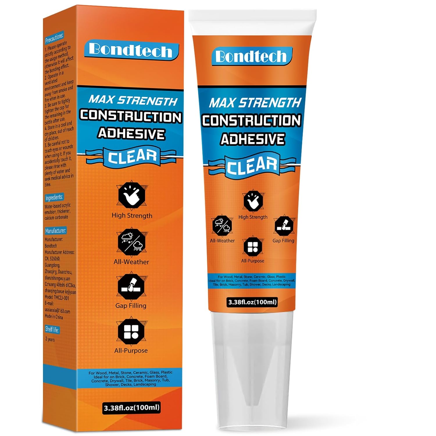 Bondtech Max Strength Clear Construction Adhesive - Tile Cement Glue for Wood, Stone, Walls, Floors & More, 3.38oz Easy Squeeze Tube