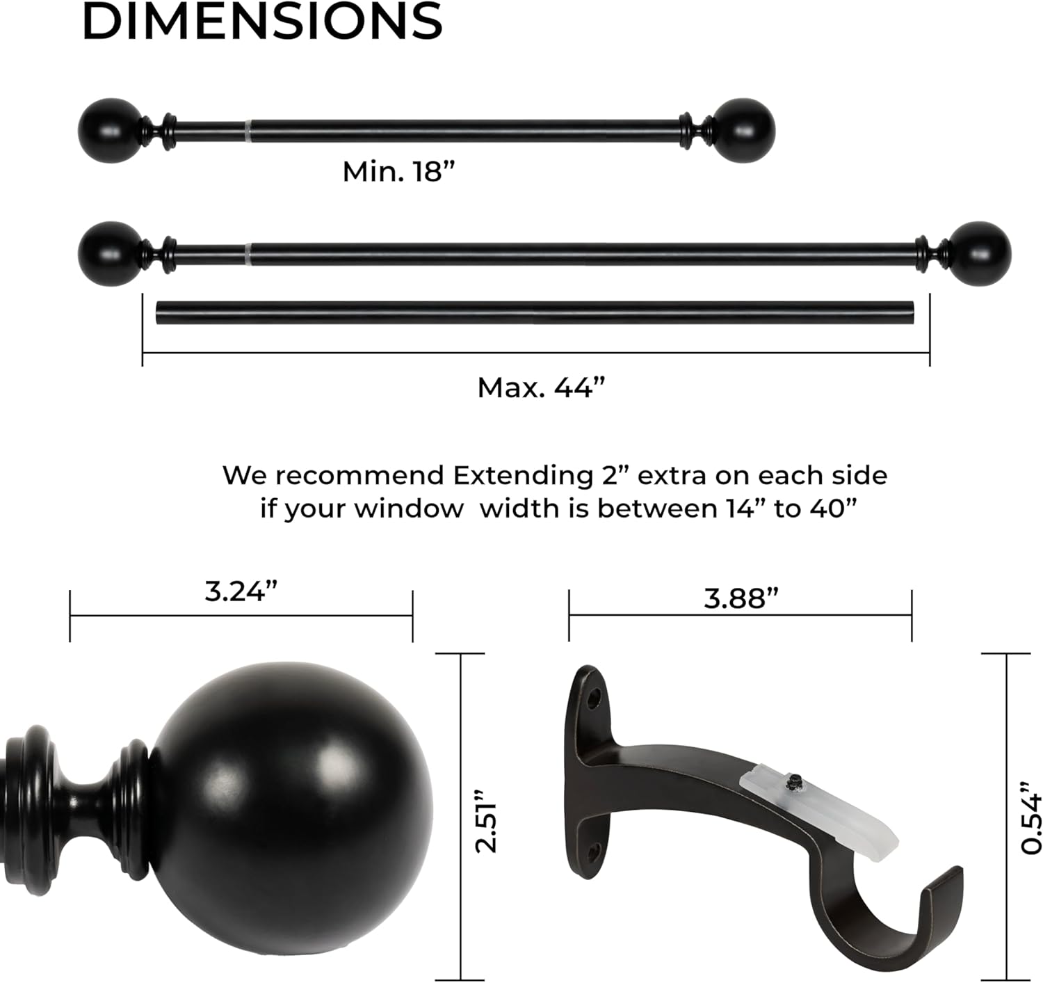 Deco Window Adjustable Curtain Rod for Windows 18 to 44 Inch (Pack of 1) Extendable Heavy Duty 1 Inch Iron Drapery Pole with Finials Wall Mounted French Door Curtain Rods (Black) 1\"W x 44\"L (Pack of 1) see pictures 