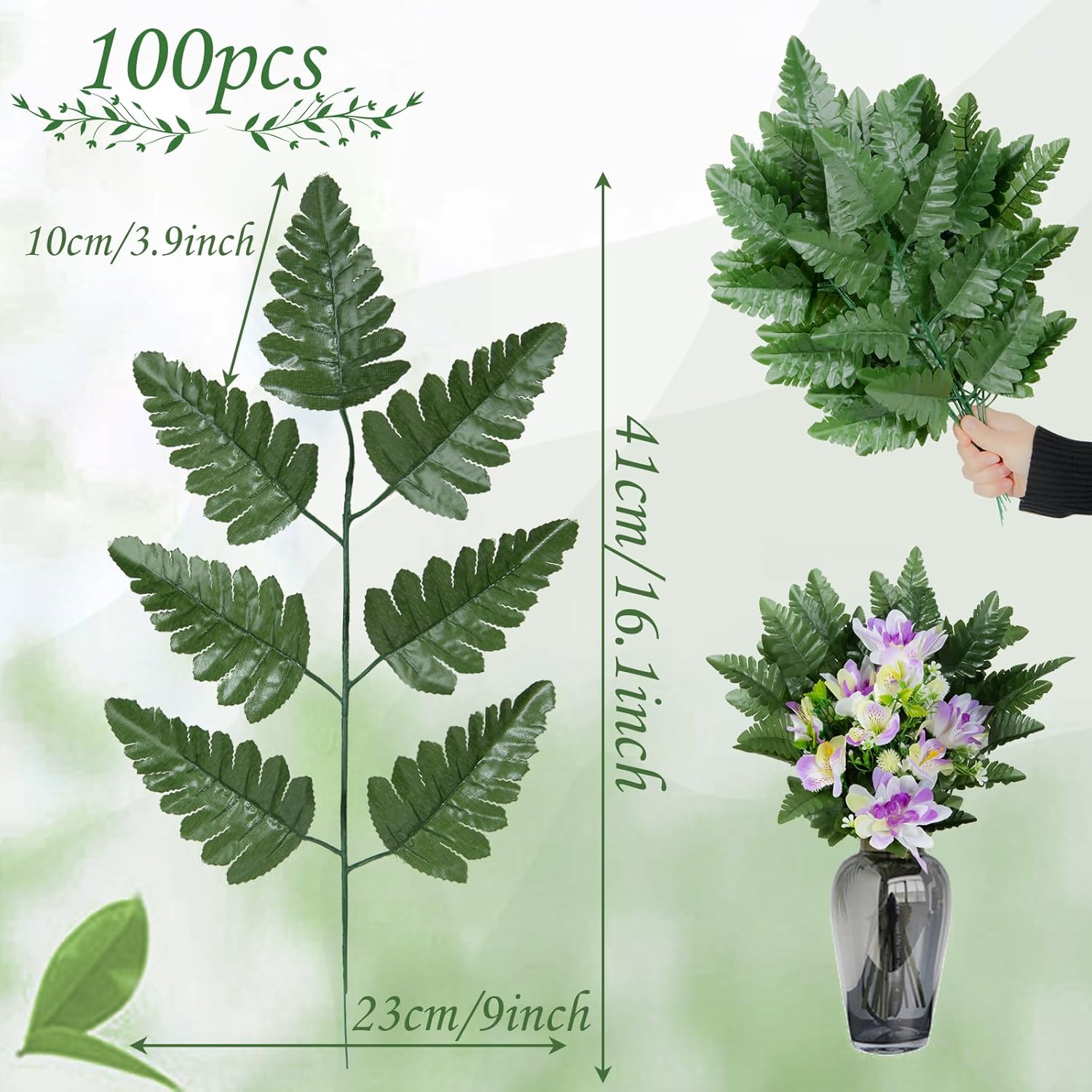 XONOR Artificial Silk Leaf Fern - Artificial Fern Leaves Stem Faux Greenery Plant for Cemetery Grave Headstone Wedding Home Garden Decoration (100Pcs, Dark Green)