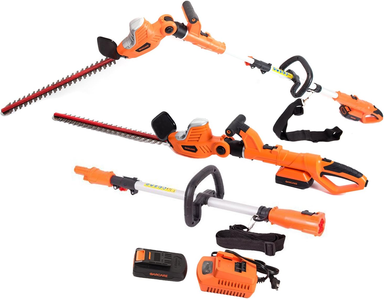 GARCARE Li-ion Cordless 2 in 1 Pole Hedge Trimmer 20V with 20-Inch Laser Blade,2.0ah Battery, 1 Hour Charger Included