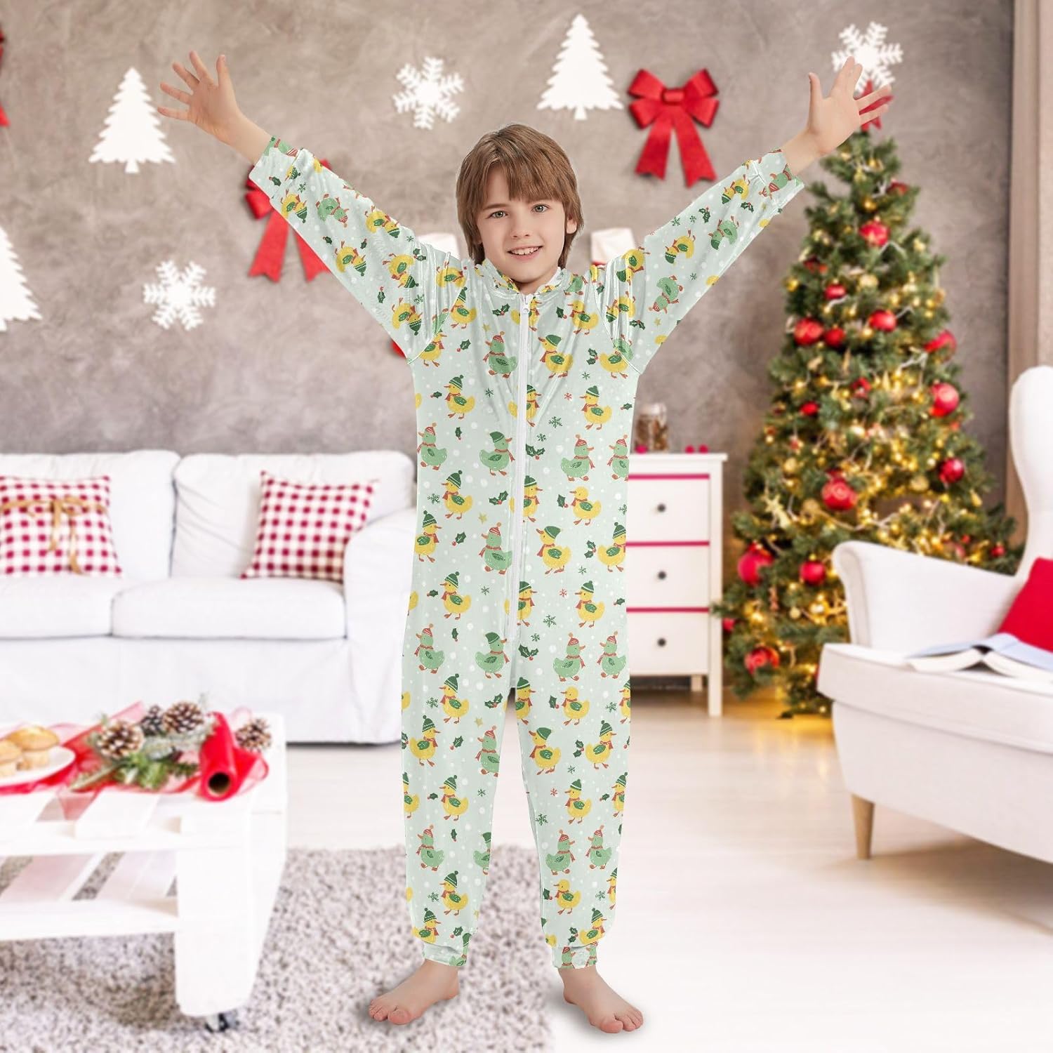 Sleepwear Holiday Pajamas Zip Up Hooded One-Piecing Sleeper Loungewear for Parties Sleepovers 4-14Y
