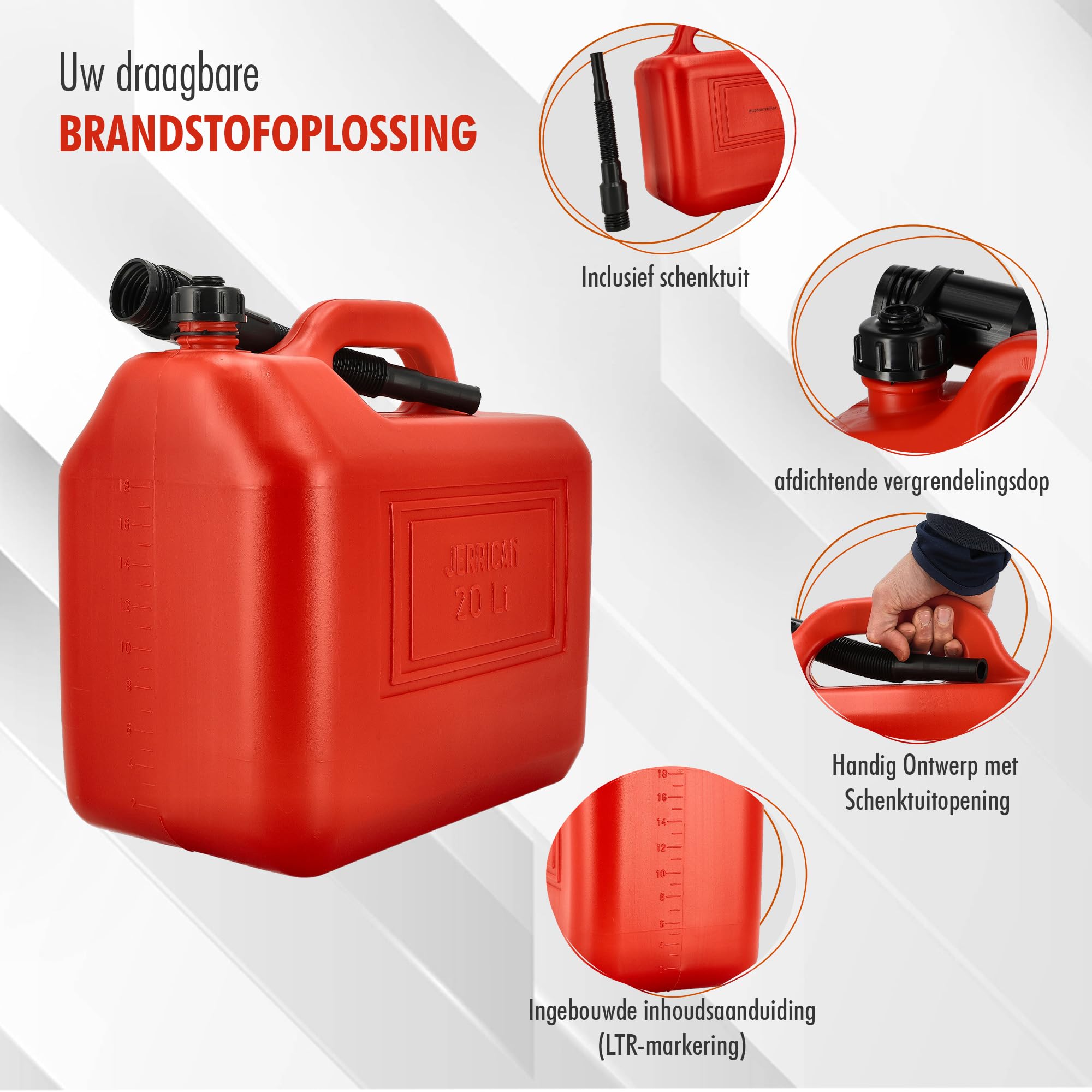 Jerrycan con Embudo Rojo 20L - Juego de 5 - Para Combustibles, Tapa con Cierre y Mango I Polietileno - Certificados por la ONU Jerrycans de combustible