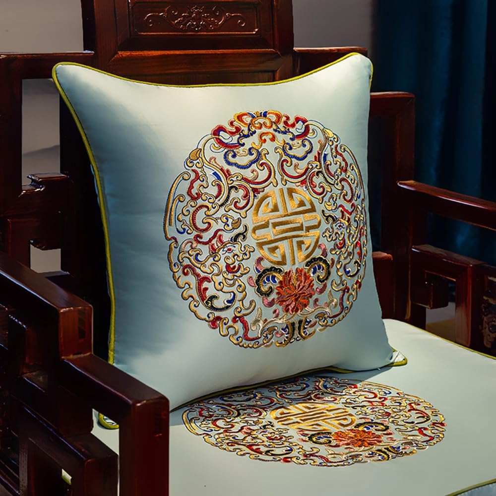 Satin Embroidered Throw Pillow Cover Chinese Vintage Silky Floral Square Cushion Case 18x18 Inch
