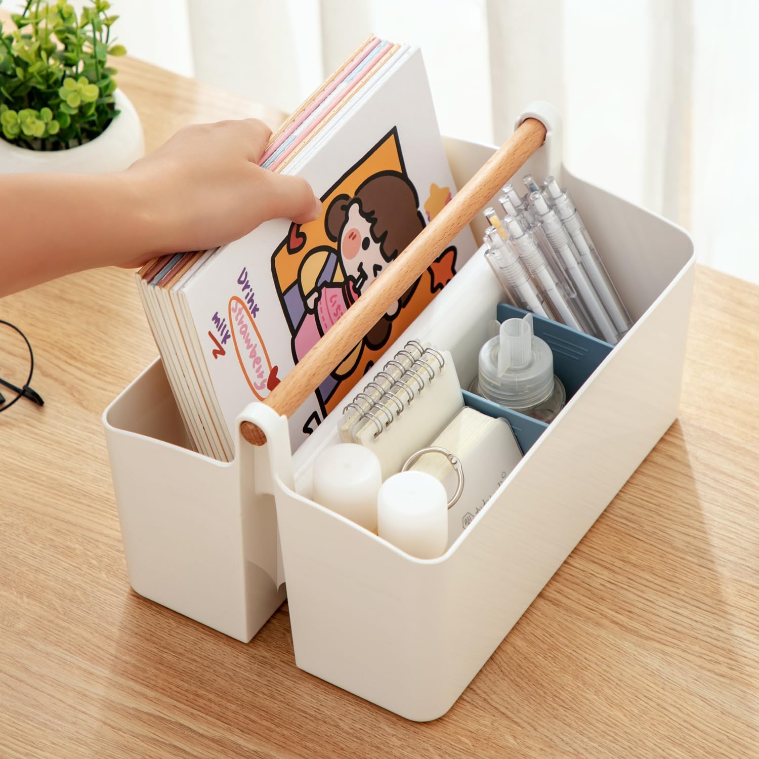 Large Portable Basket with Handle, Plastic Craft Storage Organizer Caddy Tote with Adjustable Divided for Makeup Art Supplies, Sewing, Colored Pencils-Blue White+Blue image 6 of 6 B0BT4SN29X