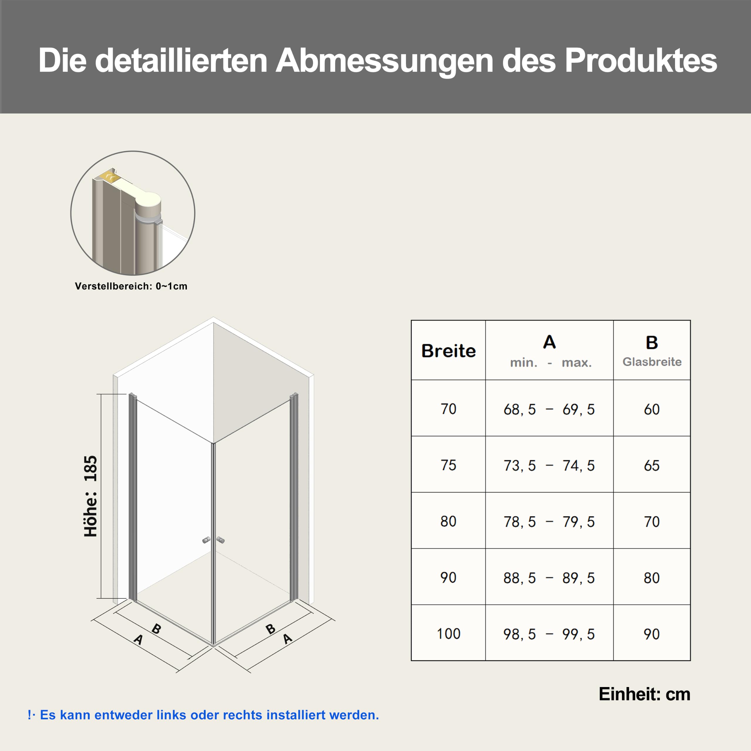 Duschkabine Eckeinstieg 70x100x185cm mit Doppel-Pendeltür (Schwingtür) | 6mm ESG Duschtür Glas | Platzsparende Eckdusche | Versiegelt & wasserdicht | EN14428-Zertifizierung Duschabtrennung