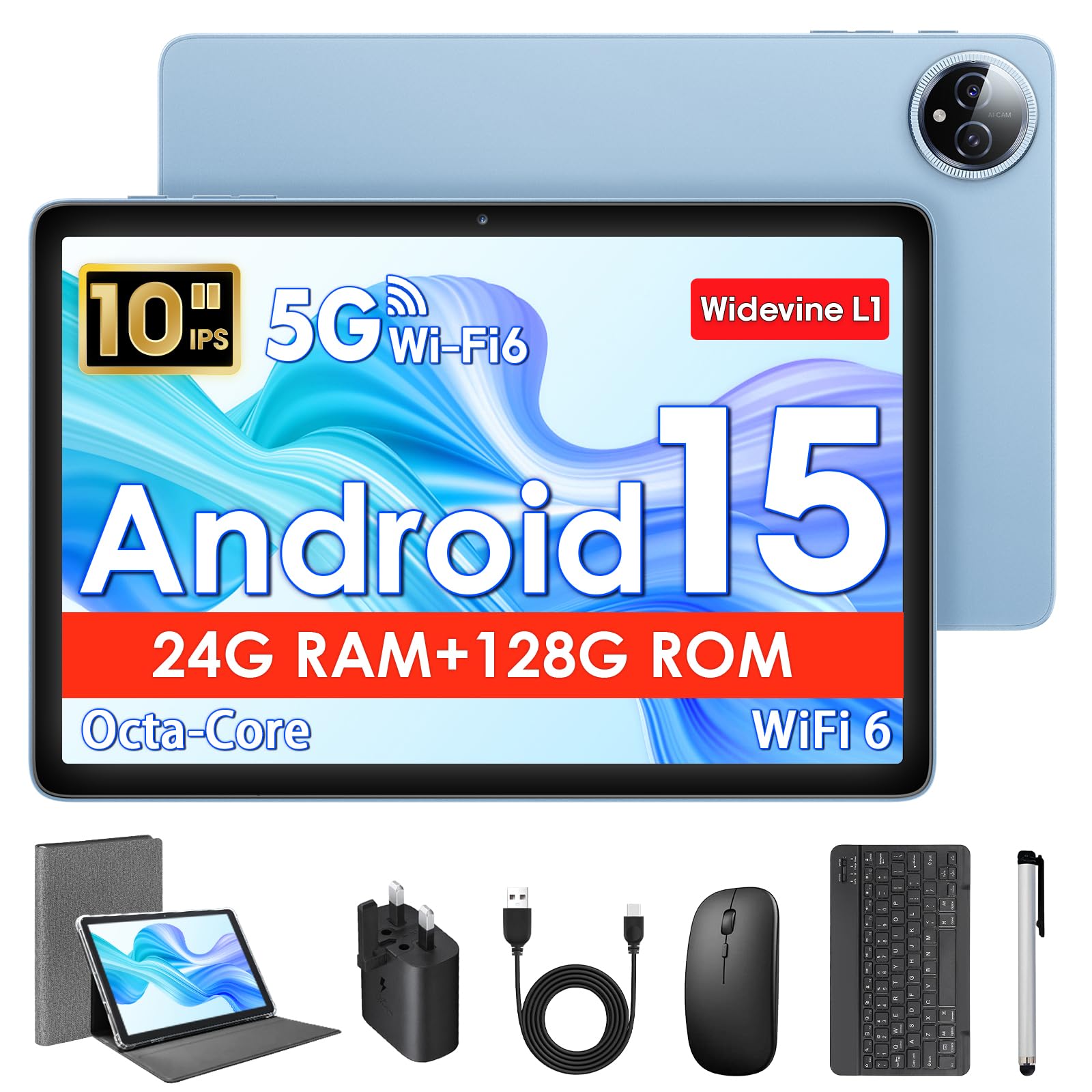 MENTUME Tablet 10 Inch, Android 15 Tablets with Case, Mouse & Keyboard, Octa-Core, 24GB RAM+128GB ROM+1TB Expand, 1280 x 800 HD IPS Display, Dual Camera, 6000mAh, WiFi 6, BT 5.0, Widevine L1, GPS