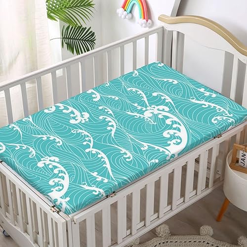 Miniatura 2 de Sábanas bajeras ajustables para cuna con temática de ondas, sábanas portátiles para cuna pequeñas suaves y transpirables, ideales para habitación de