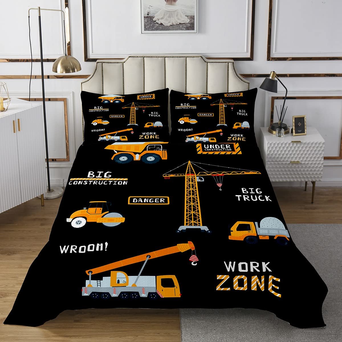 Loussiesd Excavadora acolchada en construcción camión de dibujos animados construcción de vehículos Coverlet set maquinaria pesada equipo decoración negro dormitorio colección 3 piezas tamaño king